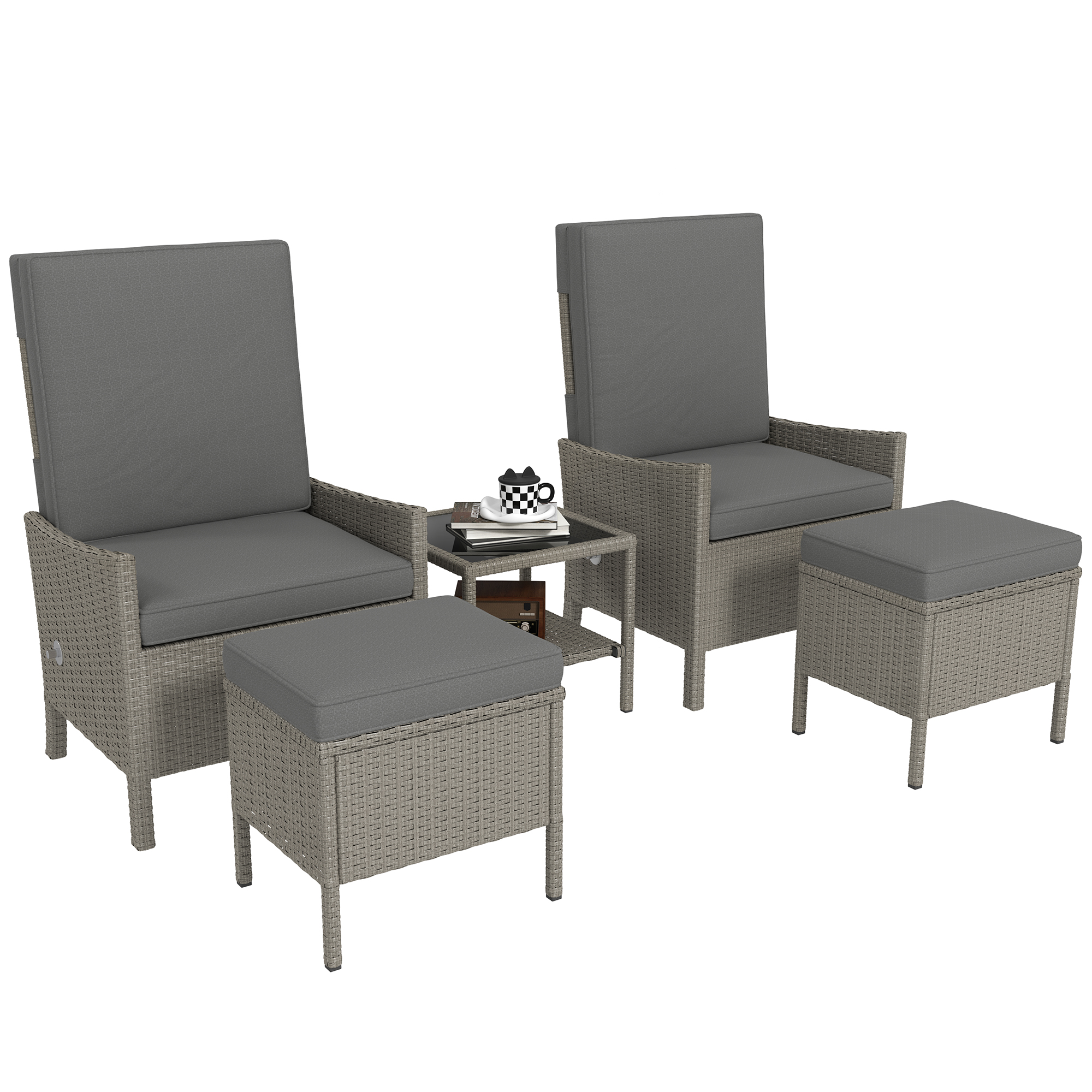 SUNVISTA 5-Piece Rattan Patio Set, 2 Armchairs, 2 Footstools, Glass Table, Cushions & Adjustable Backs, Dark Grey - Life Essentials
