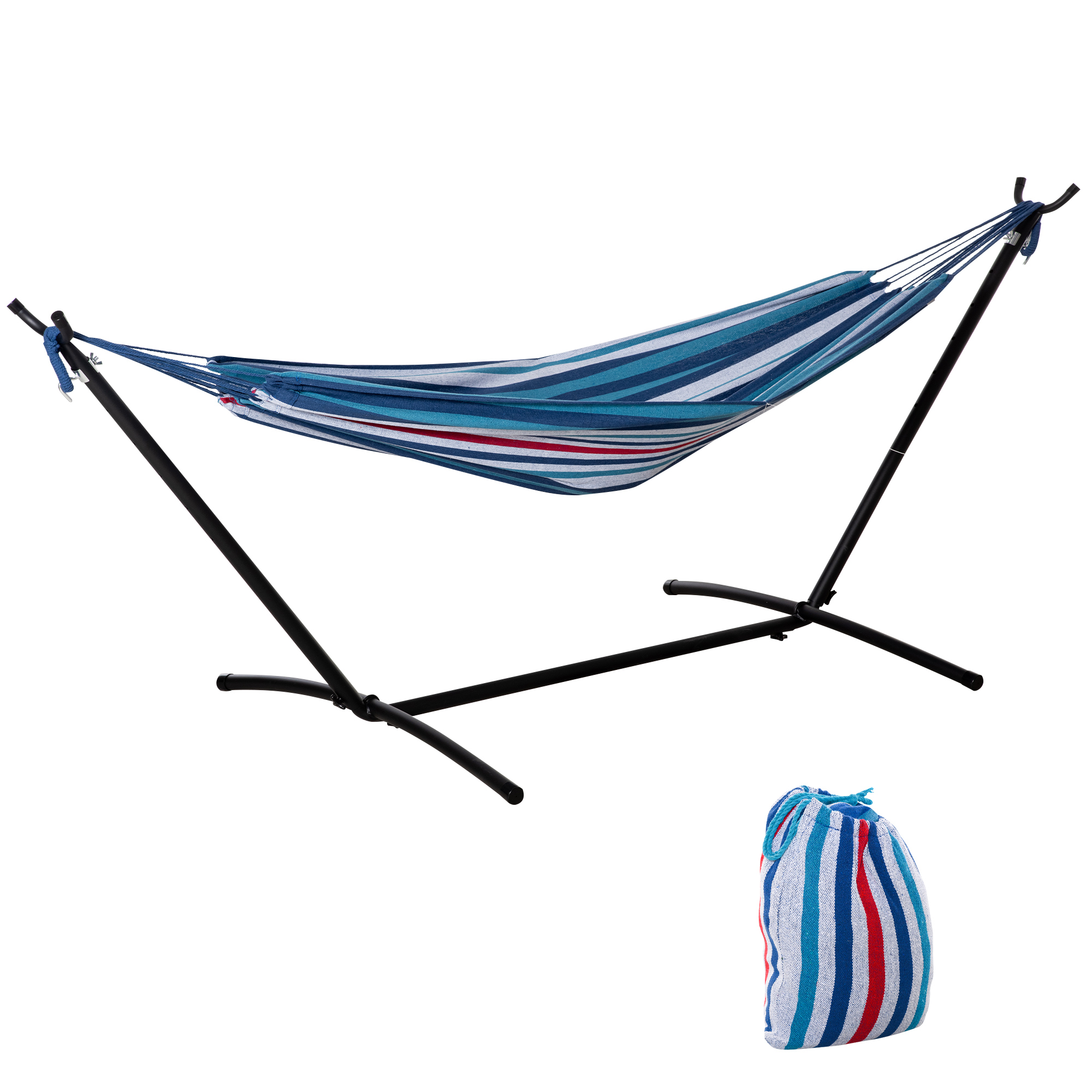 294 x 117cm Hammock with Stand Camping Hammock with Portable Carrying Bag, Adjustable Height, 120kg Load Capacity, White Stripe - Life Essentials