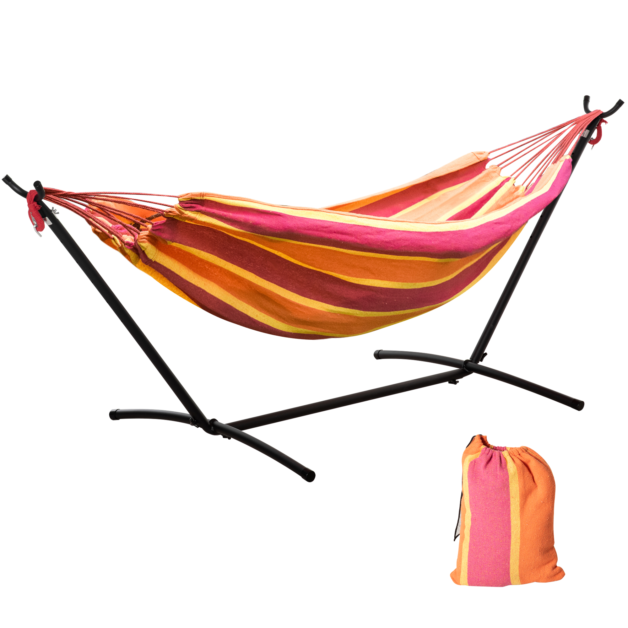 294 x 117cm Hammock with Stand Camping Hammock with Portable Carrying Bag, Adjustable Height, 120kg Load Capacity, Red Stripe - Life Essentials