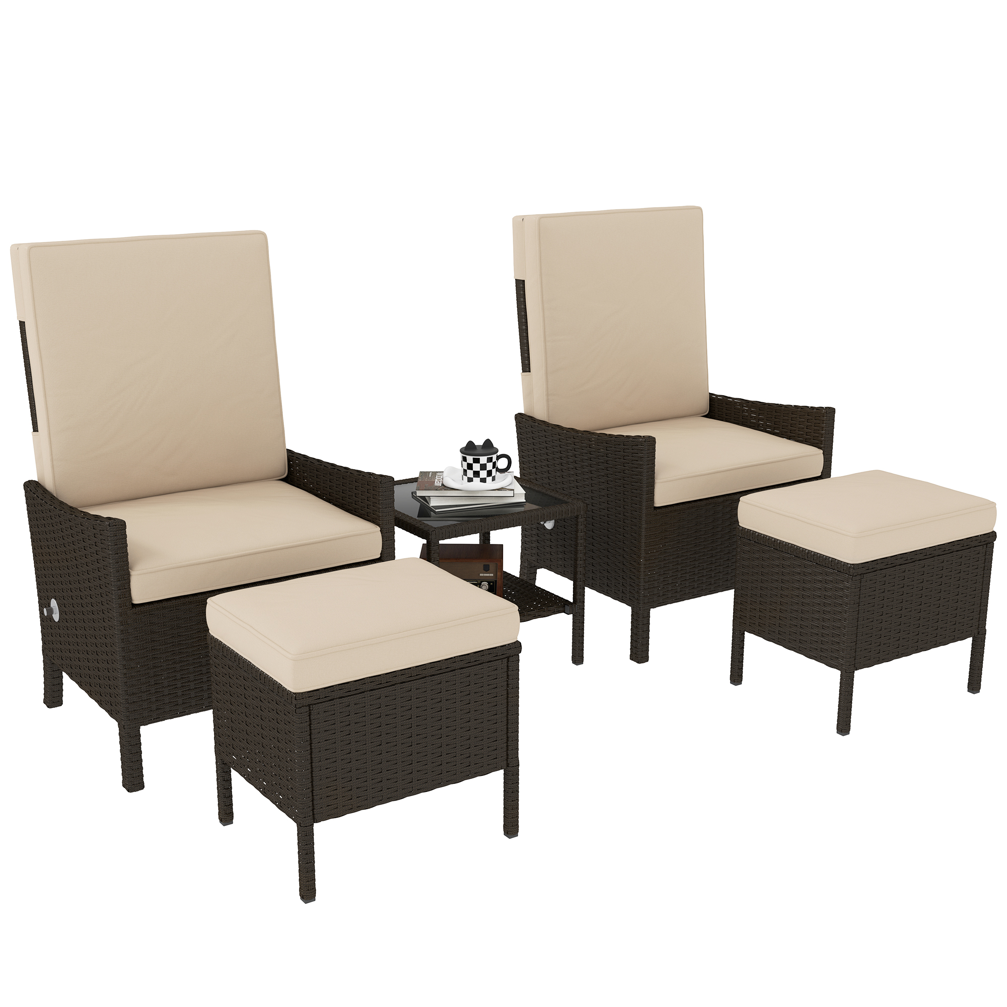 SUNVISTA 5-Piece Rattan Patio Set, 2 Armchairs, 2 Footstools, Glass Table, Cushions & Adjustable Backs, Khaki - Life Essentials