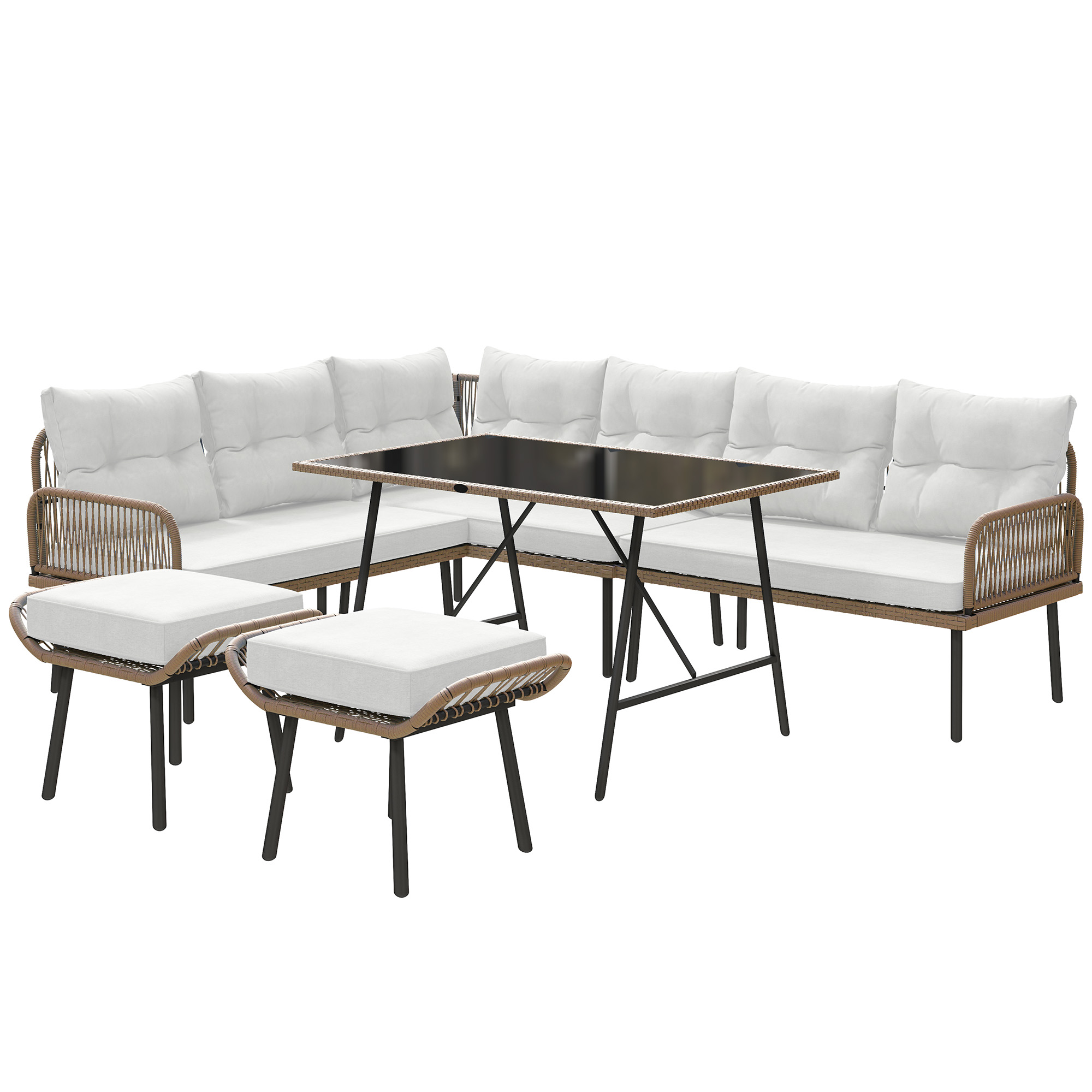 SUNVISTA 6-Piece Rattan Garden Set, 8-Seater Corner Sofa with Cushions & Glass Top Table, Outdoor Conservatory Furniture, Cream - Life Essentials