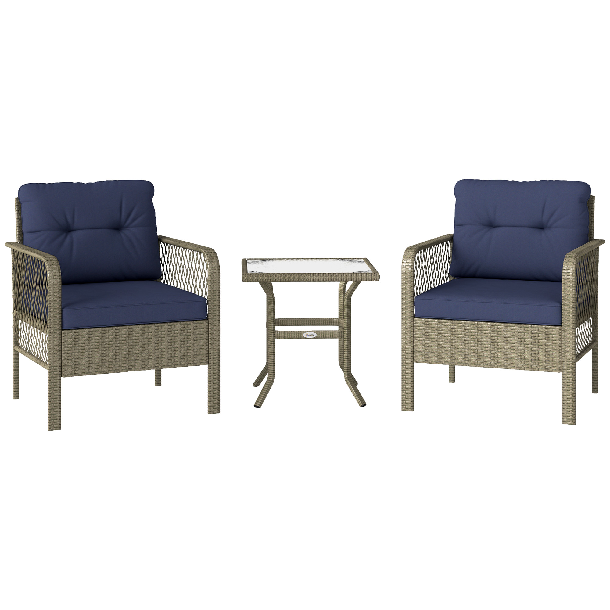 SUNVISTA 3 Pieces Rattan Bistro Set with Glass Top Coffee Table, Chairs and Cushions for Outdoor, Patio, Balcony, Charcoal Grey - Life Essentials