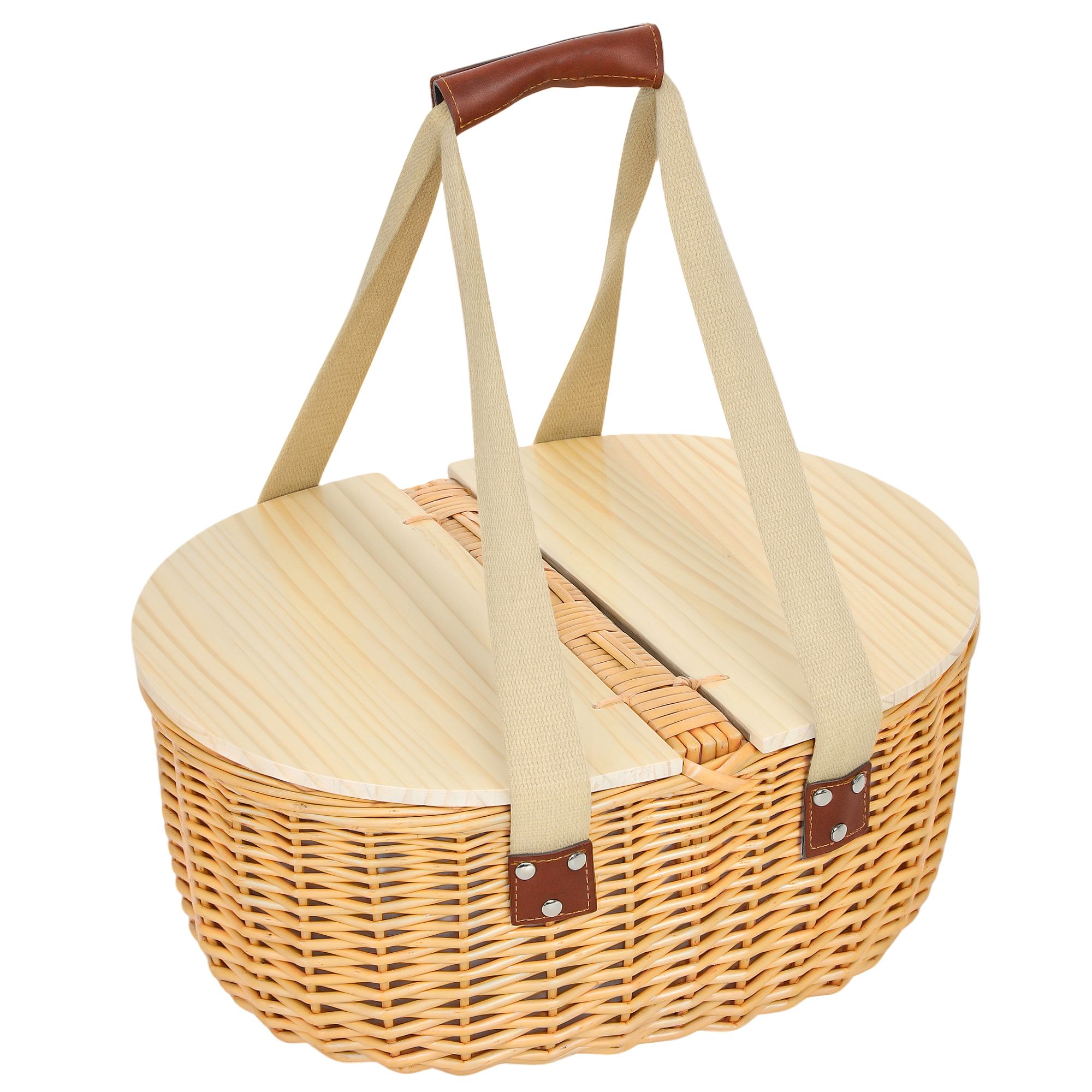 SUNVISTA Wicker Picnic Basket for 2, Cooler Compartment, Cutlery Kit & Pine Lid - Light Brown - Life Essentials