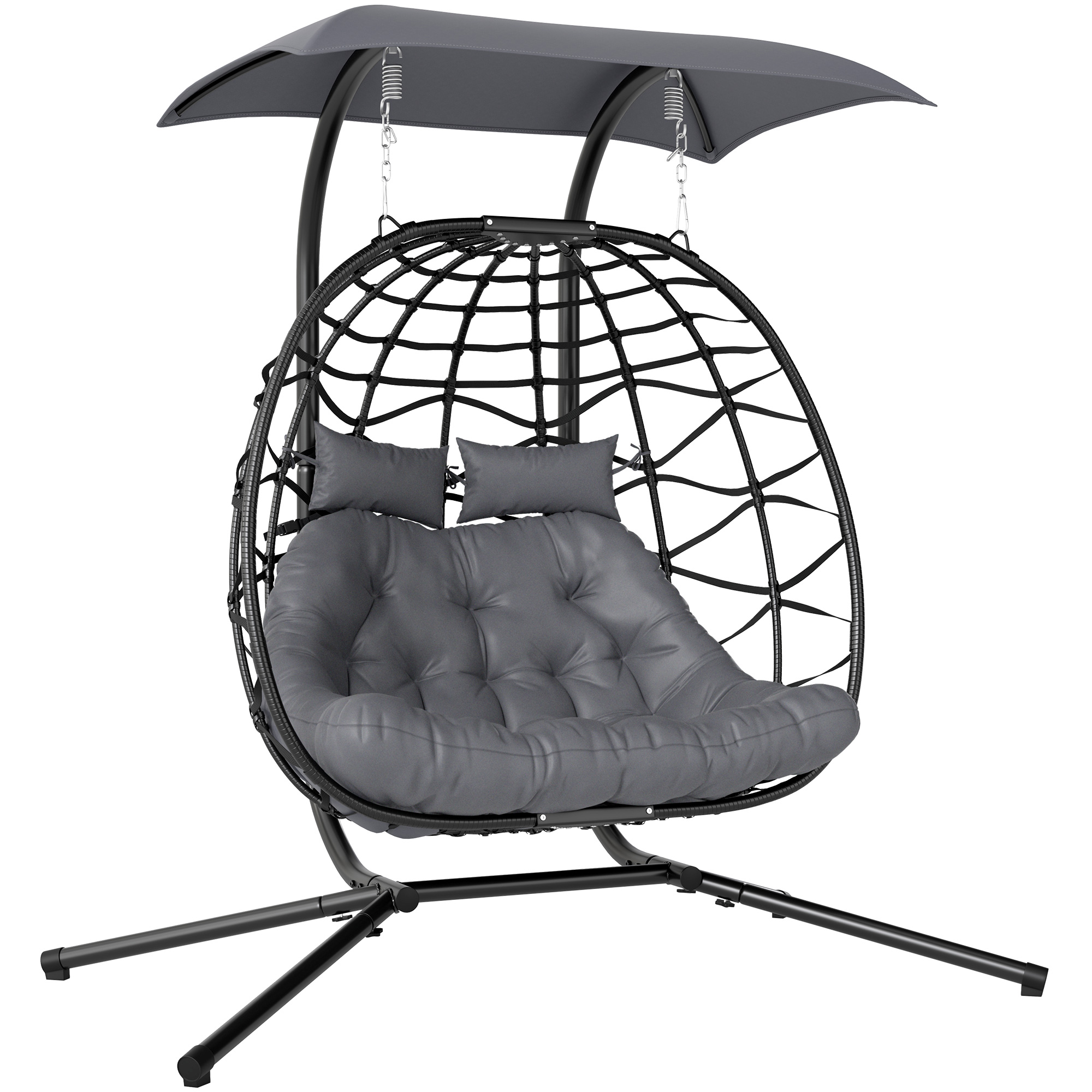 SUNVISTA Double Hanging Egg Chair with Canopy, 260kg Capacity, Cushion & Stand, Black - Life Essentials