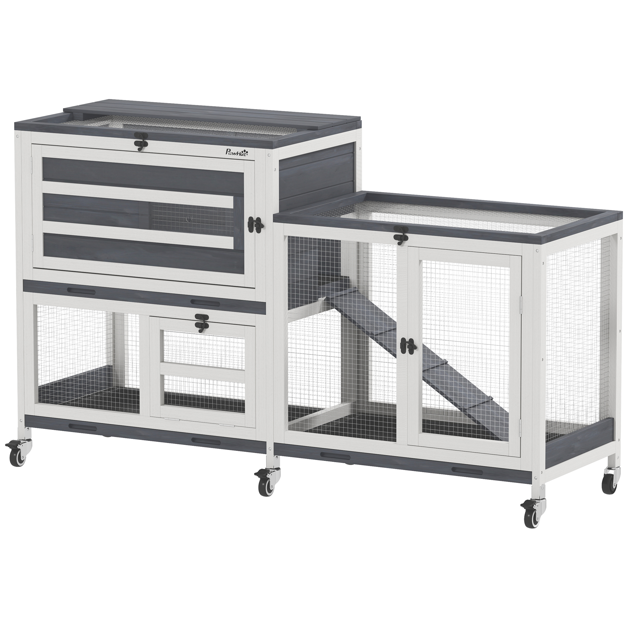 PAWSTER Wooden Rabbit Hutch with Run, 2-Tier Guinea Pig Hutch with Run, Wheels, 3 Plastic Trays, 2 Openable Top, for 2-3 Rabbits - Life Essentials