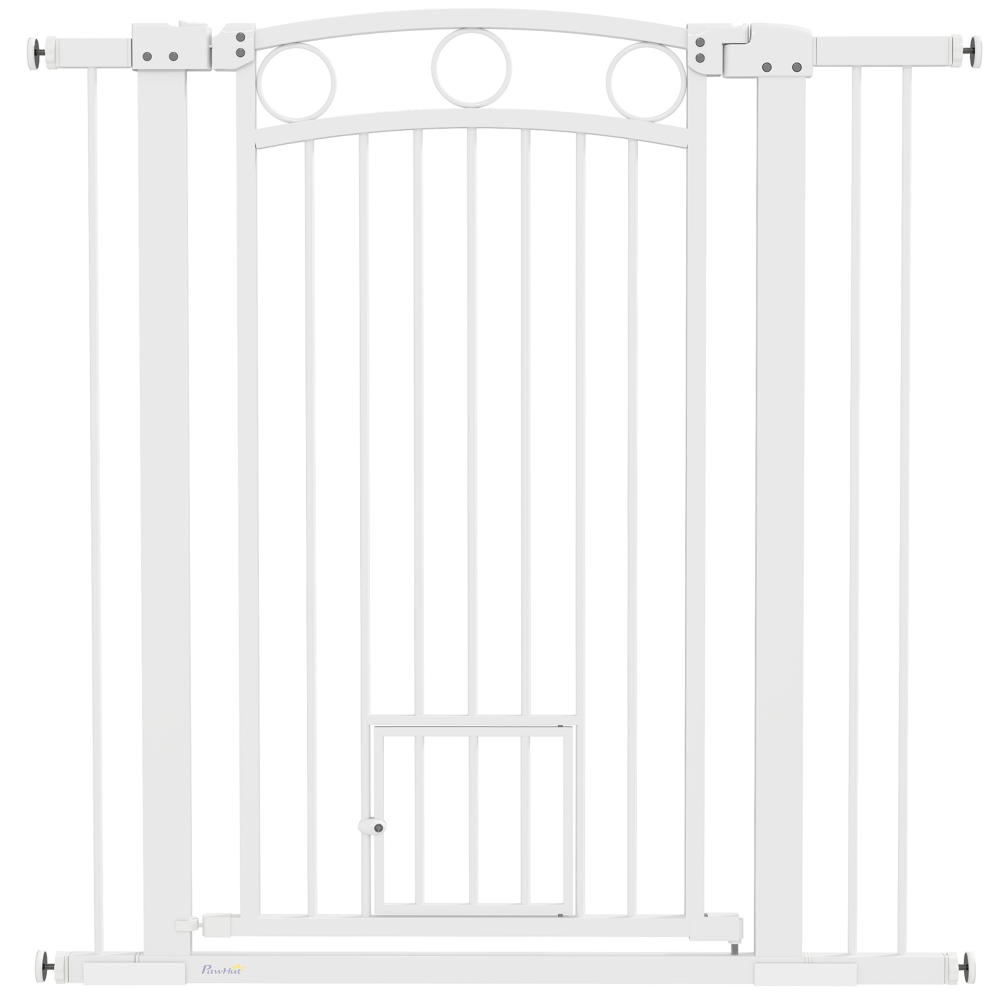 PAWSTER 106cm Tall Dog Gate with Cat Door, 7cm and 14cm Extensions, for Stairs, Doorways, 76-104cm Width - Life Essentials