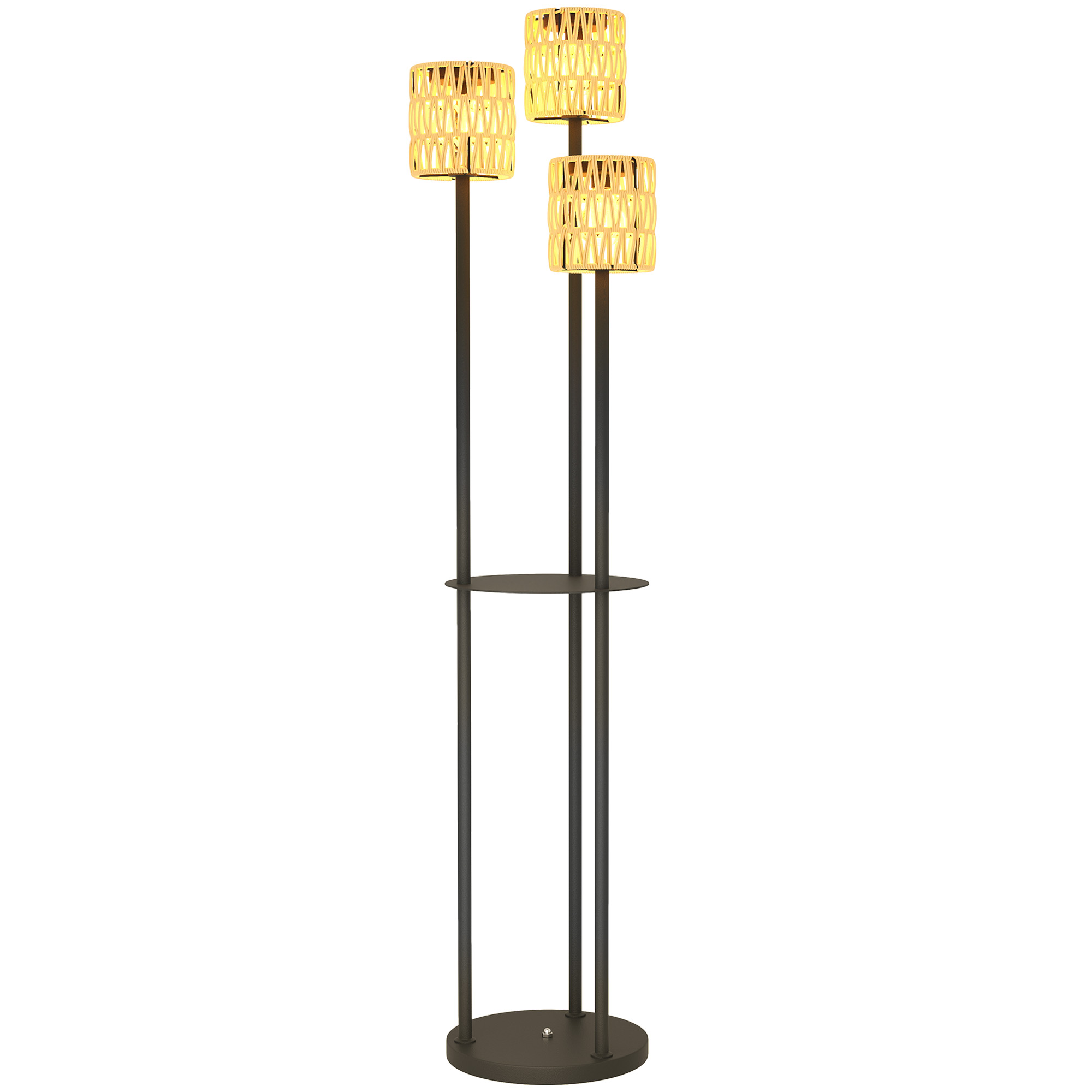 SUNVISTA Boho Rattan Floor Lamp, 3-Light Solar Garden Lamp with Shelf, Auto On/Off, Waterproof, Yellow - Life Essentials
