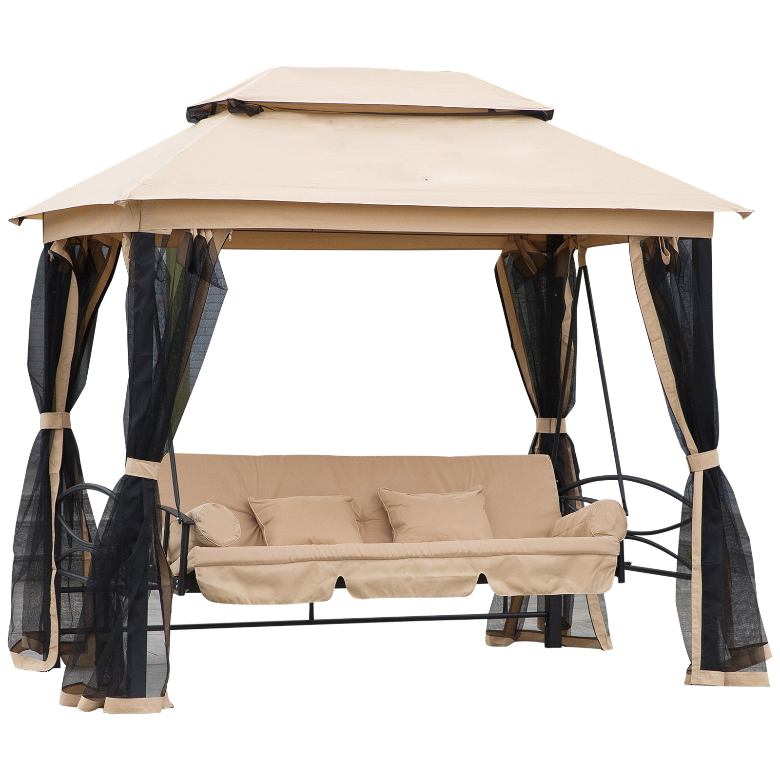 3 Seater Swing Chair 3-in-1 Convertible Hammock Bed Gazebo Patio Bench Outdoor with Double Tier Canopy, Cushioned Seat, Mesh Sidewalls, Beige - Life 