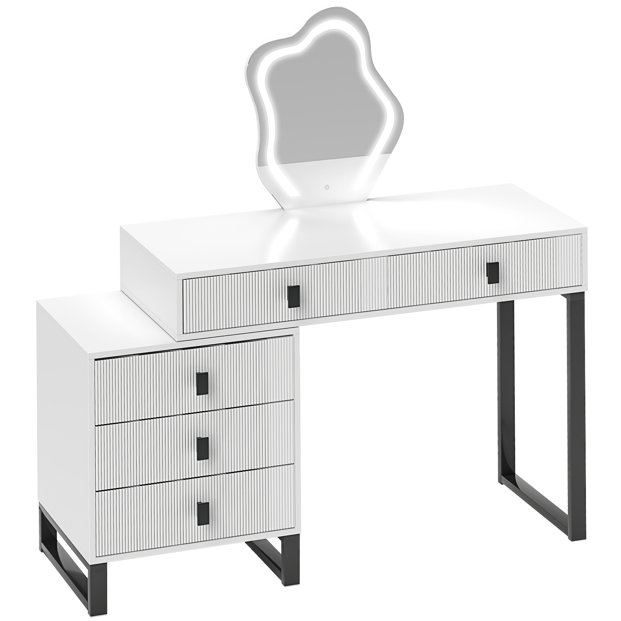 HERON LED Lighted Dressing Table with Leaf Shape Mirror, Modern Vanity Desk with 5 Drawers, Makeup Desk with Fluted Panels, White - Life Essentials