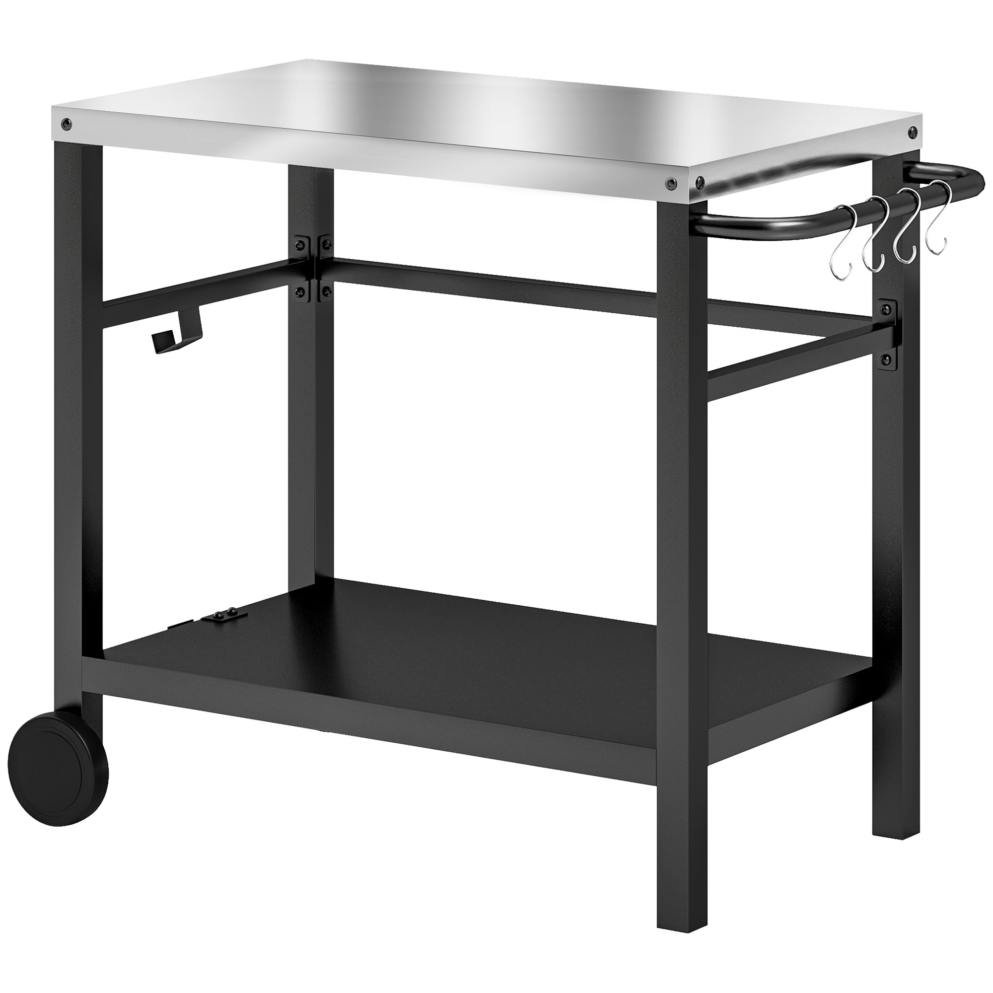 SUNVISTA 2-Shelf Outdoor Grill Cart, Stainless Steel Top, Wheels, Hooks, BBQ Trolley, Charcoal Grey - Life Essentials