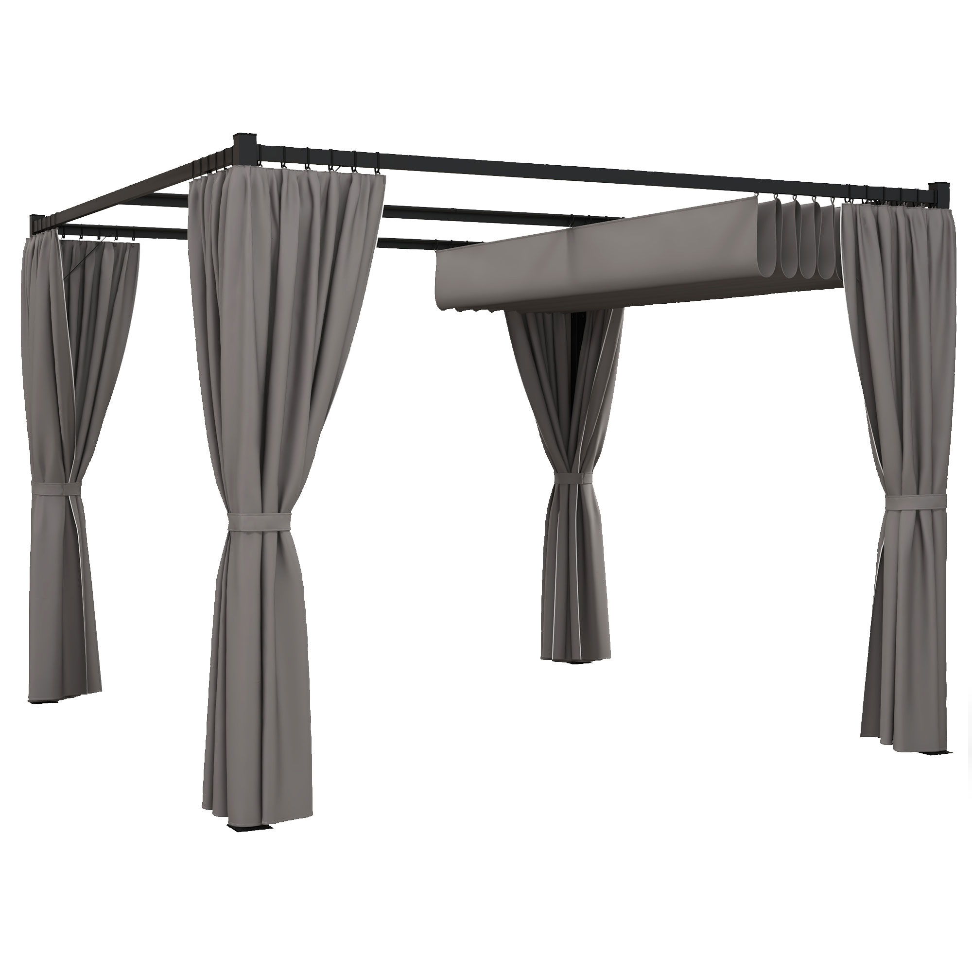 3 x 3(m) Retractable Pergola, Garden Gazebo Shelter with Curtains, for Grill, Patio, Deck, Light Grey - Life Essentials