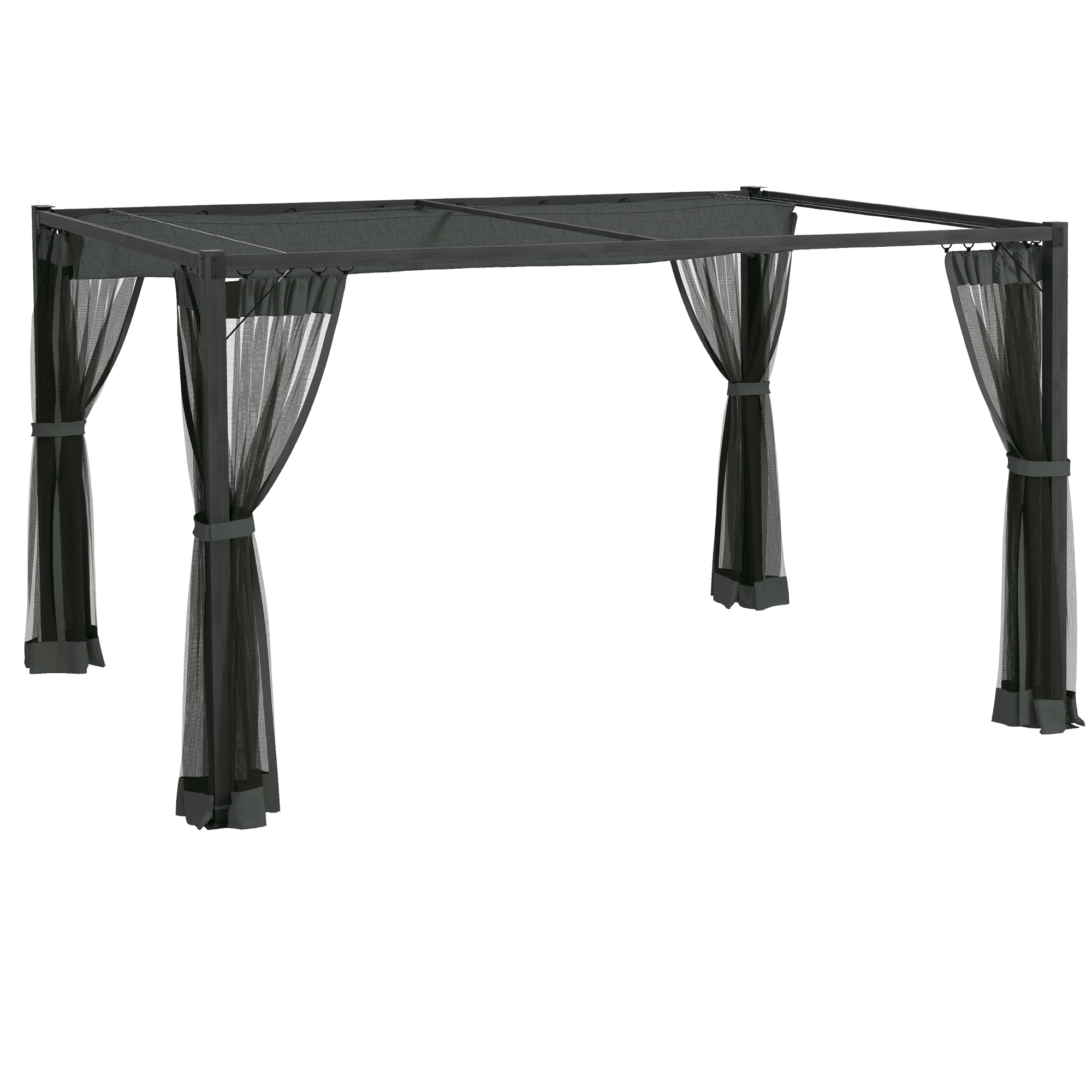 3 x 4m Retractable Pergola, Garden Gazebo Shelter with Nettings, for Grill, Patio, Deck, Dark Grey - Life Essentials