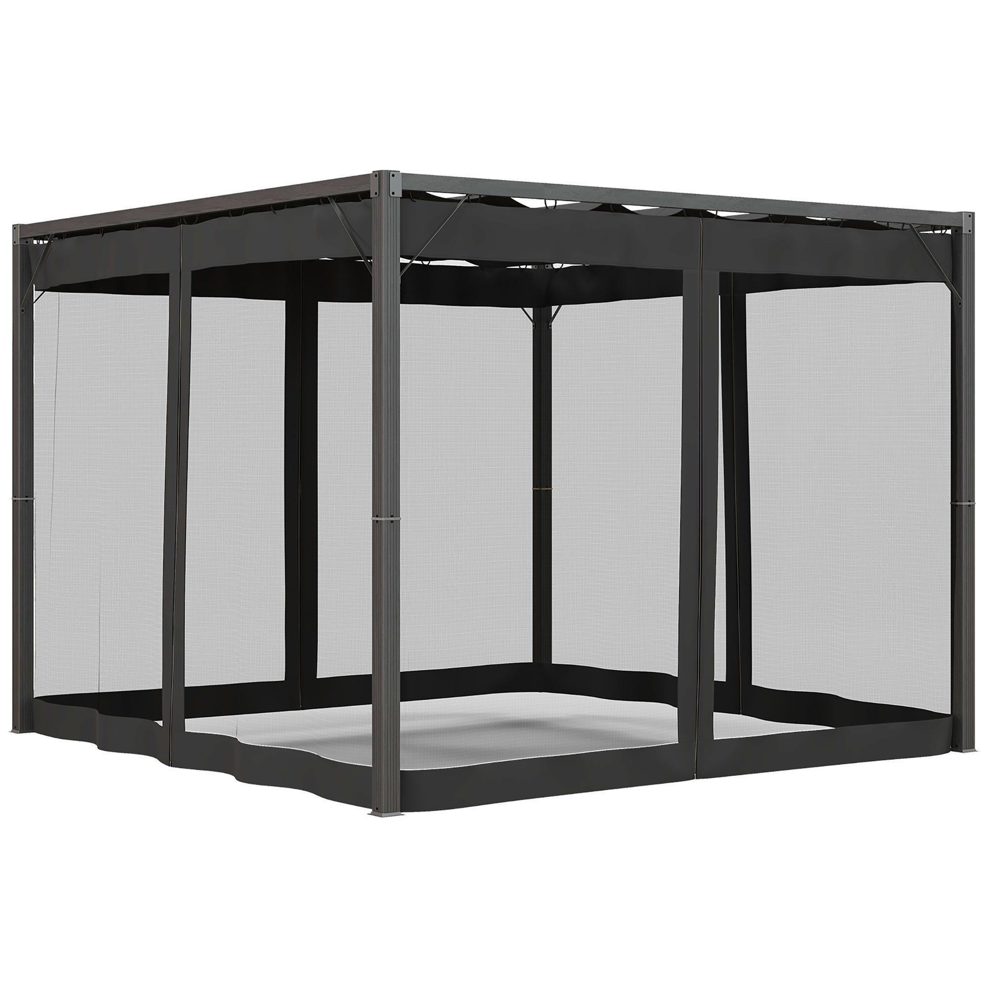 3 x 3 m Retractable Pergola, Garden Gazebo Shelter with Nettings, for Grill, Patio, Deck, Dark Grey - Life Essentials
