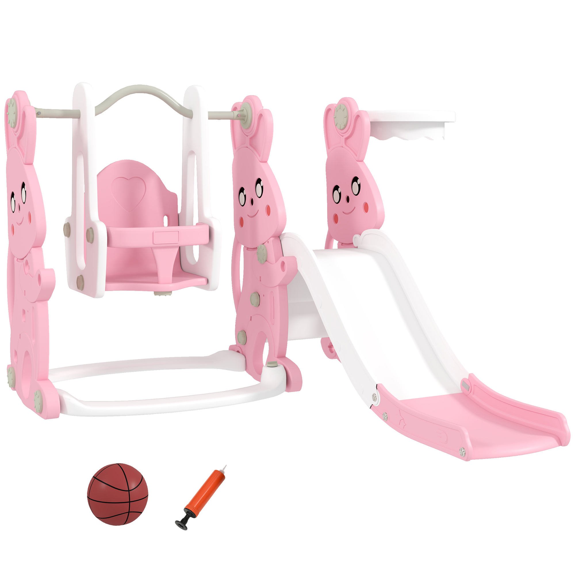 AIVAGO 4 in 1 Kids Slide and Swing Set with Climber, Basketball Hoop, Rabbit-Themed, Pink - Life Essentials