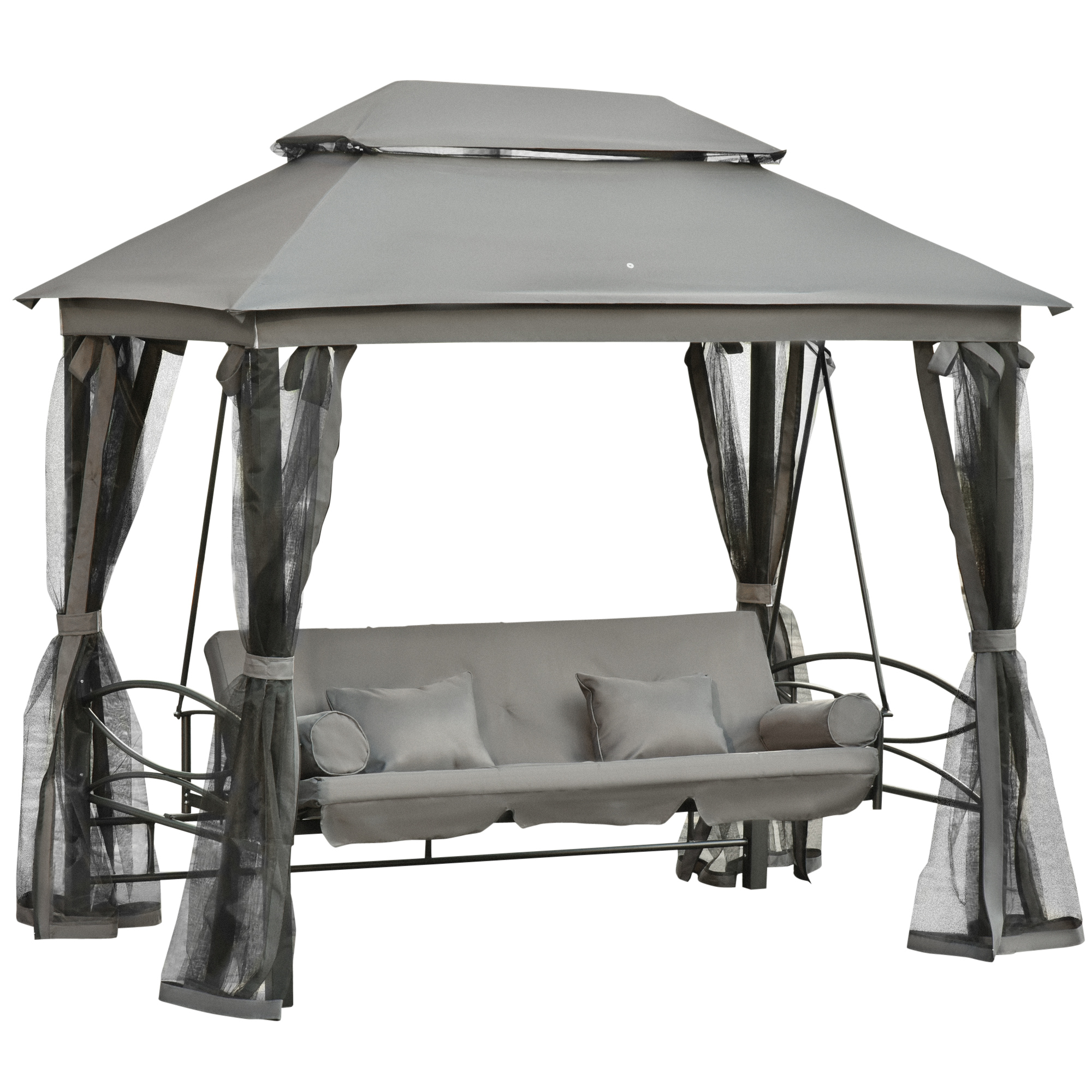 3 Seater Swing Chair Hammock Gazebo Patio Bench Outdoor with Double Tier Canopy, Cushioned Seat, Mesh Sidewalls, Grey - Life Essentials
