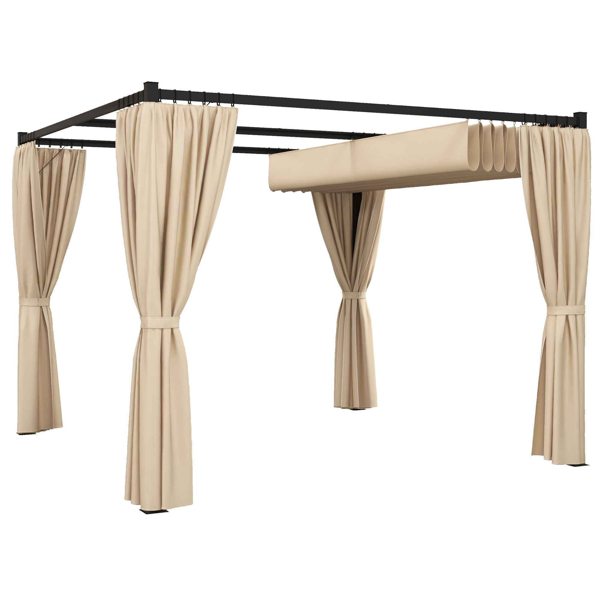 3 x 3(m) Retractable Pergola, Garden Gazebo Shelter with Curtains, for Grill, Patio, Deck, Beige - Life Essentials