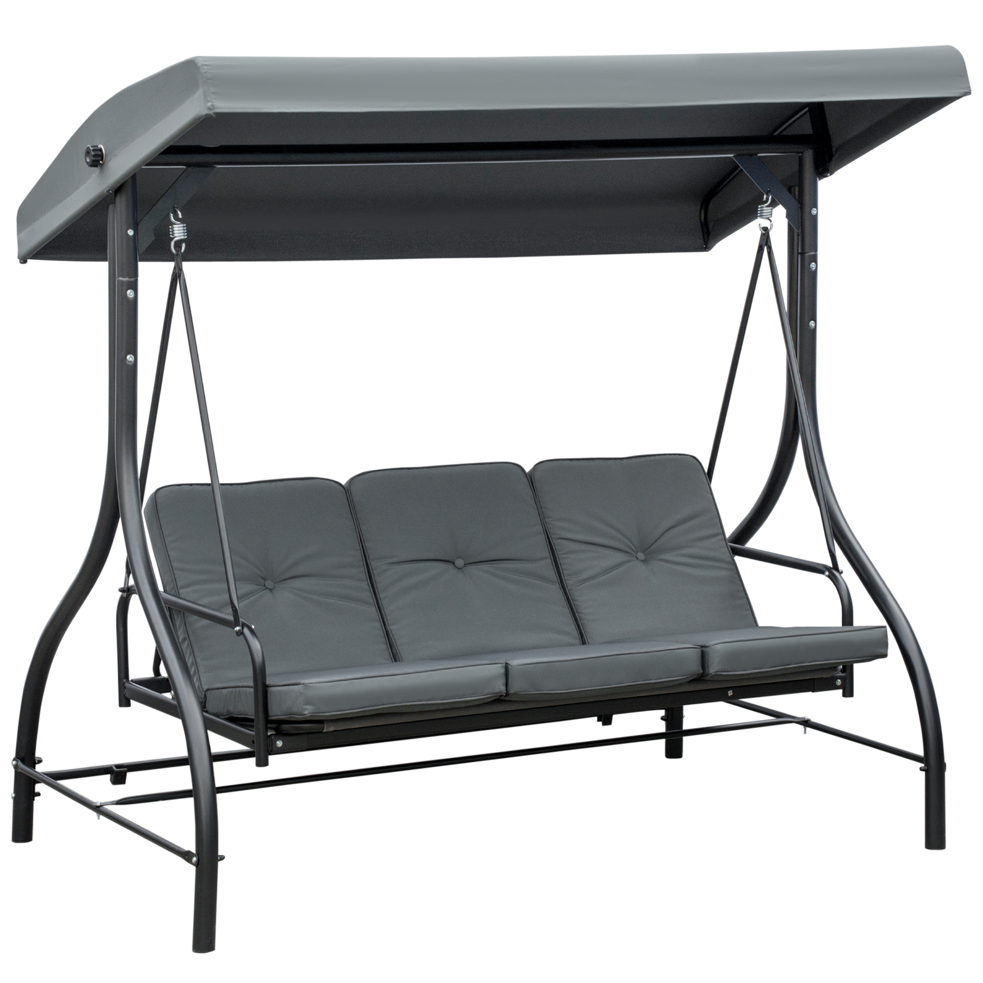 3 Seater Canopy Swing Chair, 2 in 1 Garden Swing Seat Bed, with Adjustable Canopy and Metal Frame, Dark Grey - Life Essentials