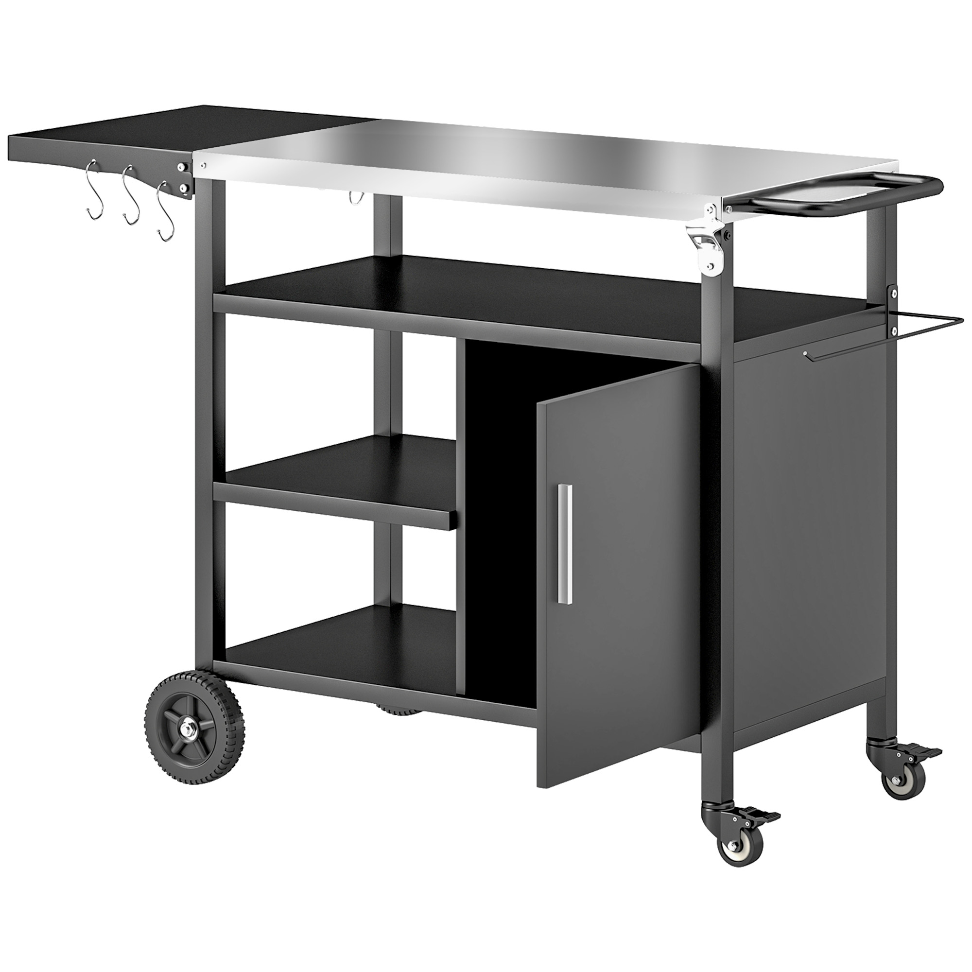 SUNVISTA BBQ Trolley, Foldable Side Table, Stainless Steel Top, Wheels, Outdoor Grill Cart, Black - Life Essentials