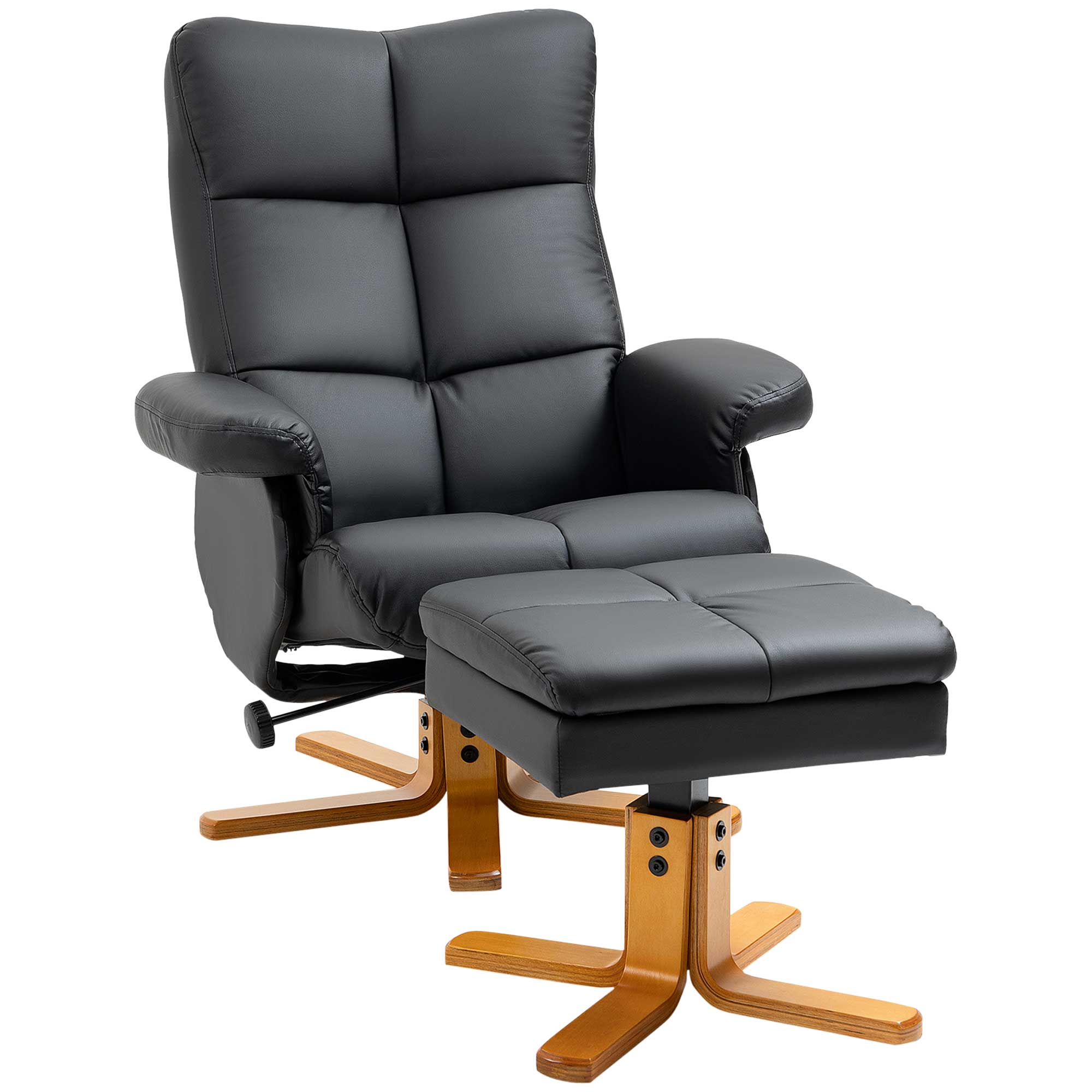 Faux Leather Swivel Recliner Chair with Footstool, Wooden Base and Storage for Living Room, Black - Life Essentials