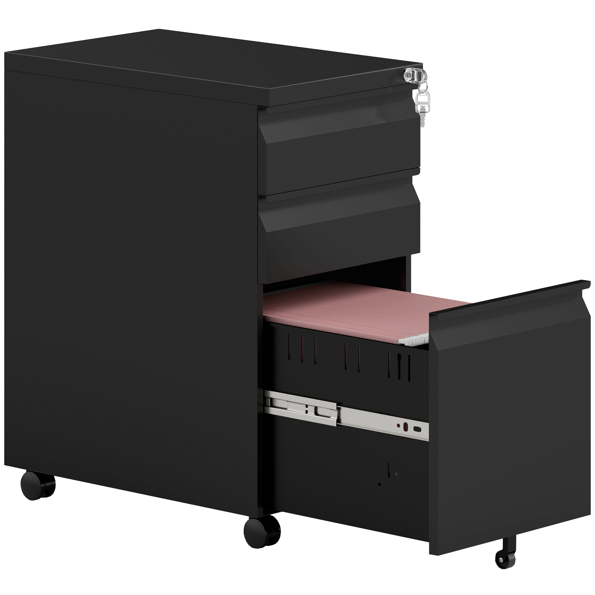 VONSETTA 3-Drawer Steel Filing Cabinet with Lock and Wheels - Black - Life Essentials