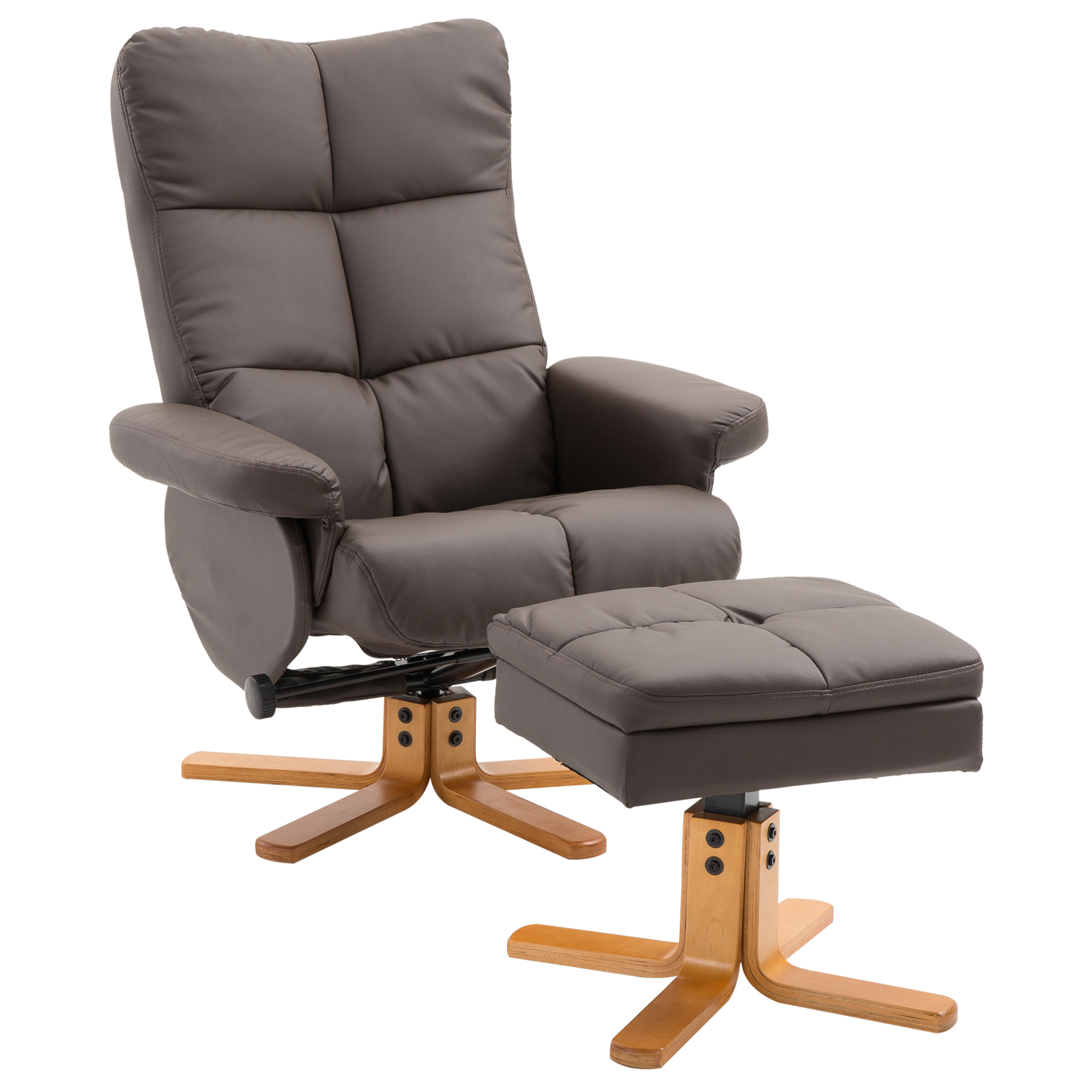 Faux Leather Swivel Recliner Chair with Footstool, Wooden Base and Storage for Living Room, Brown - Life Essentials