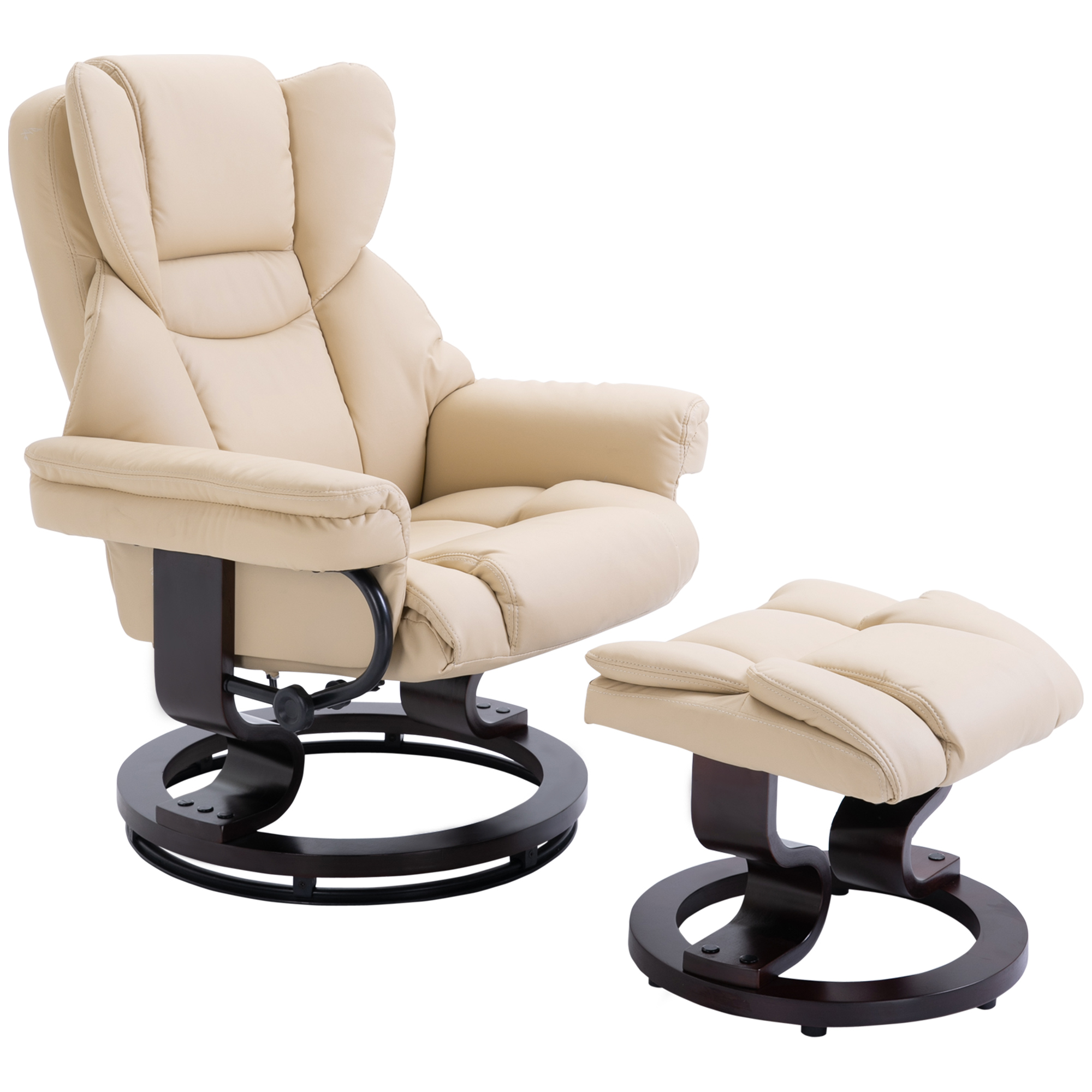 Reclining Swivel Armchair Footstool Set Sofa Padded PU Leather Relaxing Manual Duo Metal Frame Bentwood Base Cream - Life Essentials