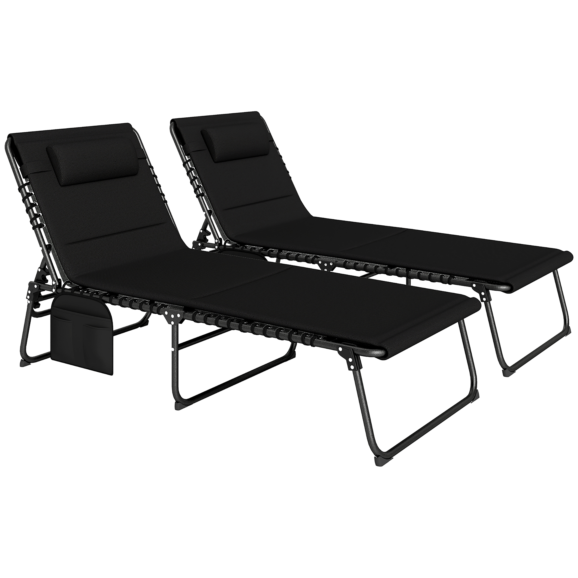 SUNVISTA Folding Sun Loungers Set of 2, Recliner Garden Chairs with Quick Drying Pad Headrest Side Pocket, Garden Sun Loungers for Beach Pool, Black -