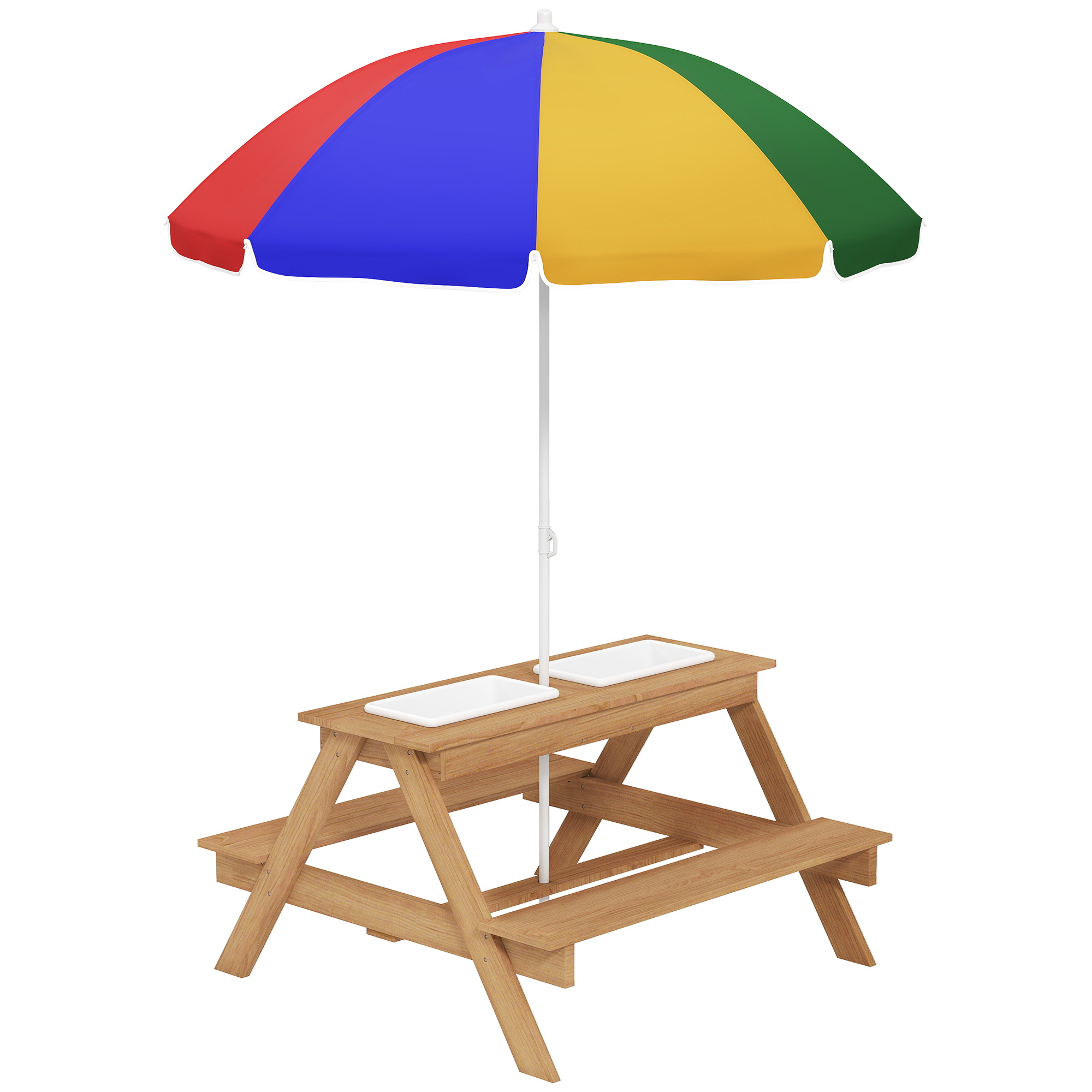 AIVAGO Kids Picnic Table, Sand and Water Table with Wooden Benches, Adjustable Parasol and Storage Bins, Multicolour - Life Essentials