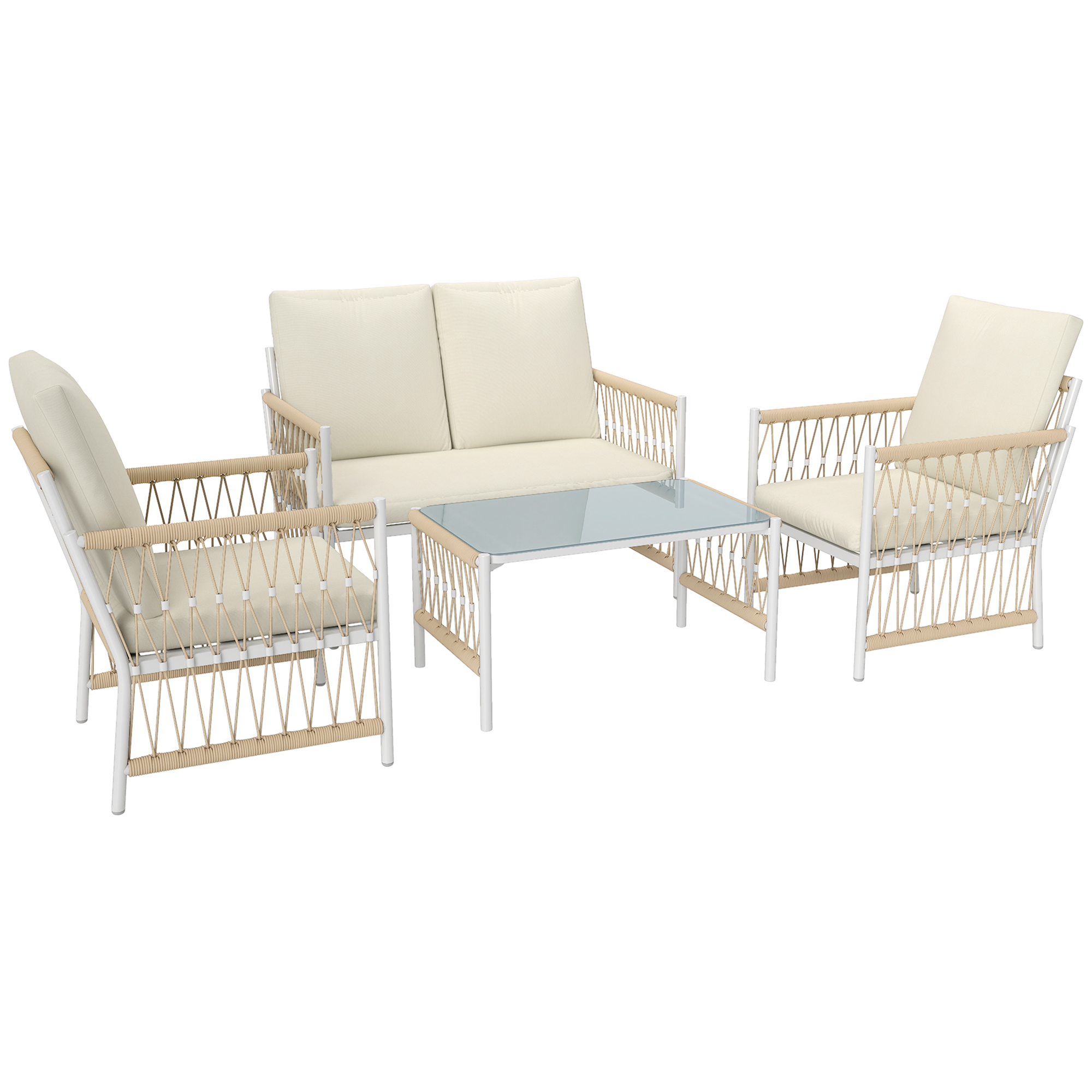 SUNVISTA 4-Piece Rattan Furniture Set with Cushions, 2 Armchairs, Loveseat & Glass Coffee Table, Outdoor Patio, Khaki - Life Essentials