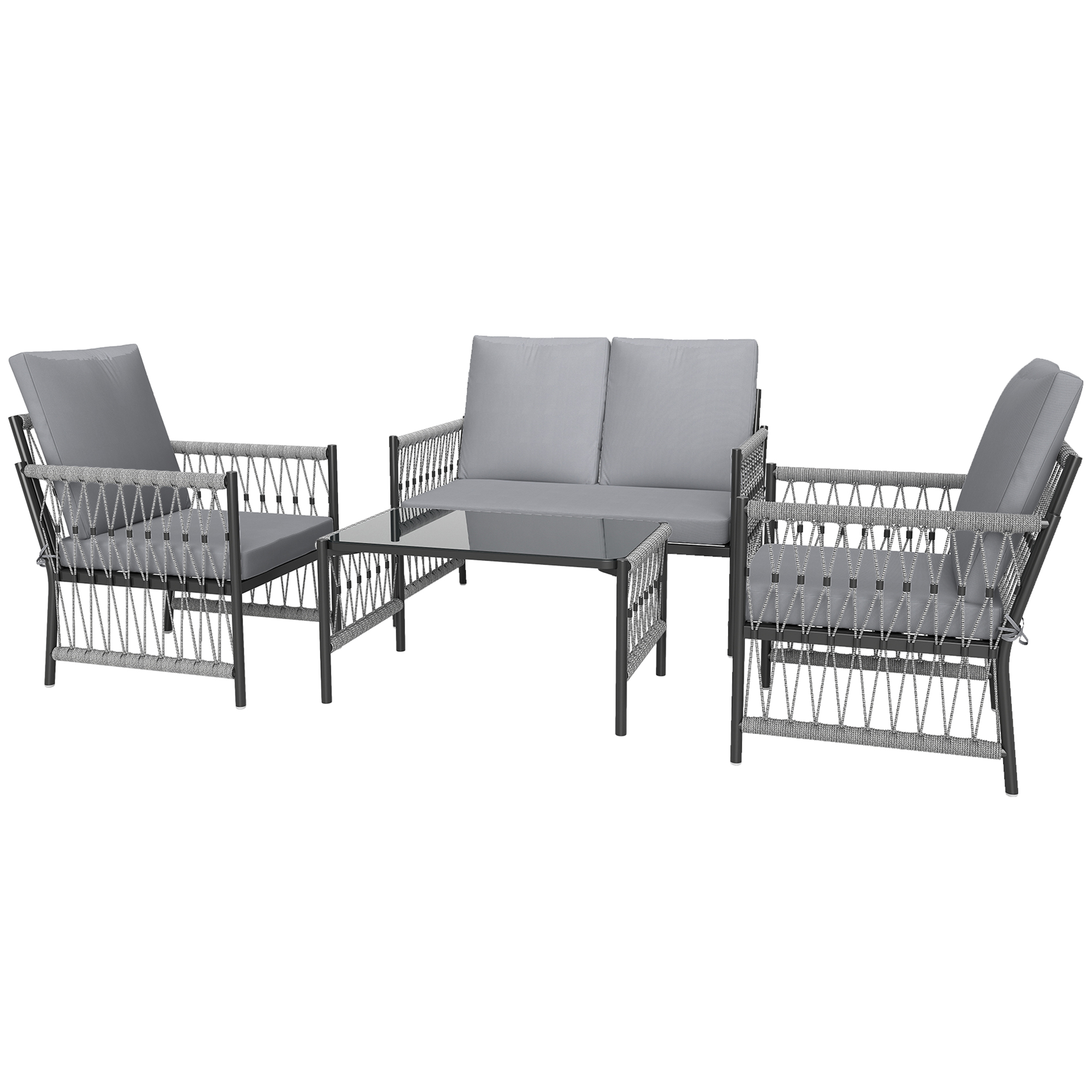 SUNVISTA 4-Piece Rattan Furniture Set with Cushions, 2 Armchairs, Loveseat & Glass Coffee Table, Outdoor Patio, Grey - Life Essentials