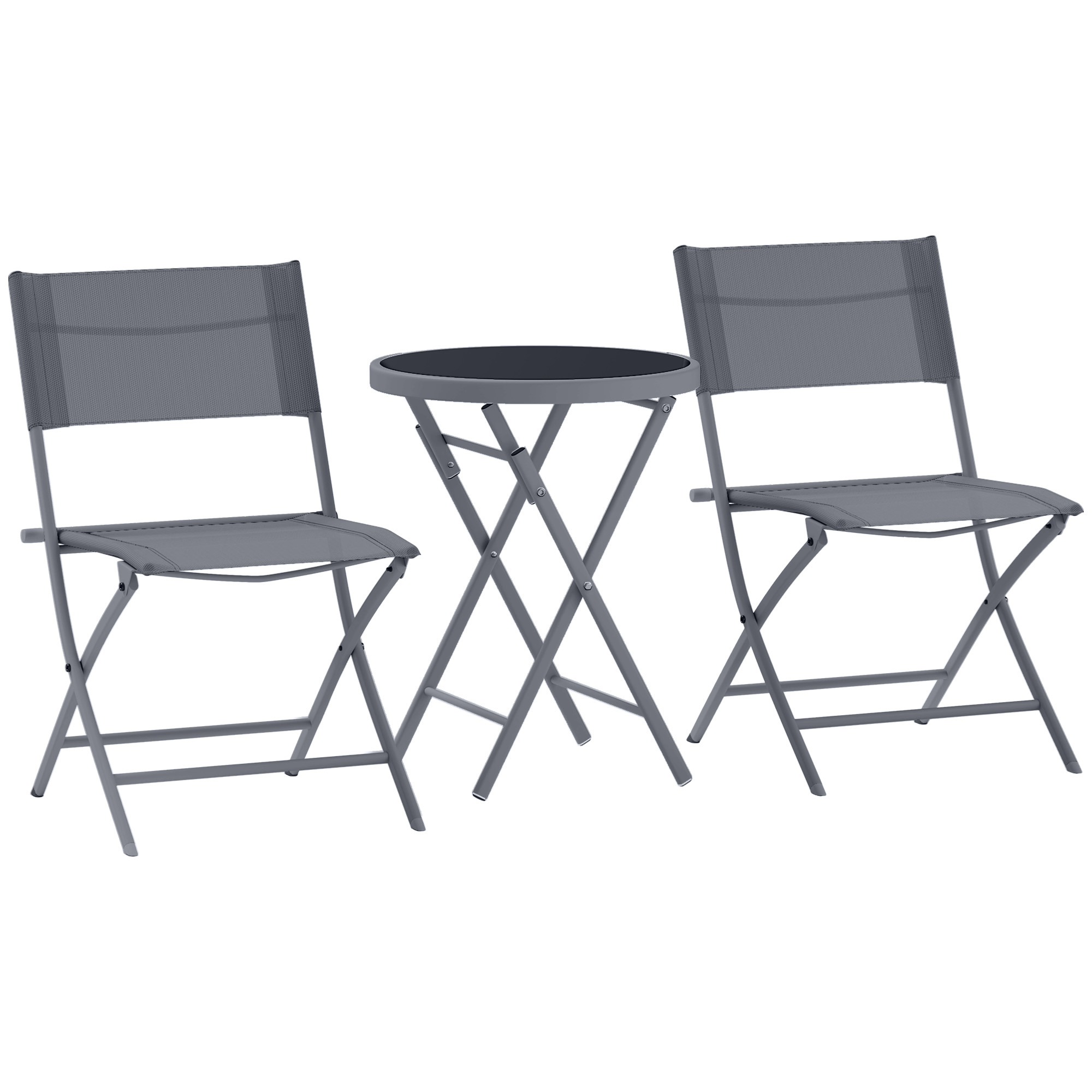 SUNVISTA 3 Pieces Outdoor Bistro Set, Glass Top Outdoor Table and 2 Folding Chairs with Protecting Feet, Grey - Life Essentials