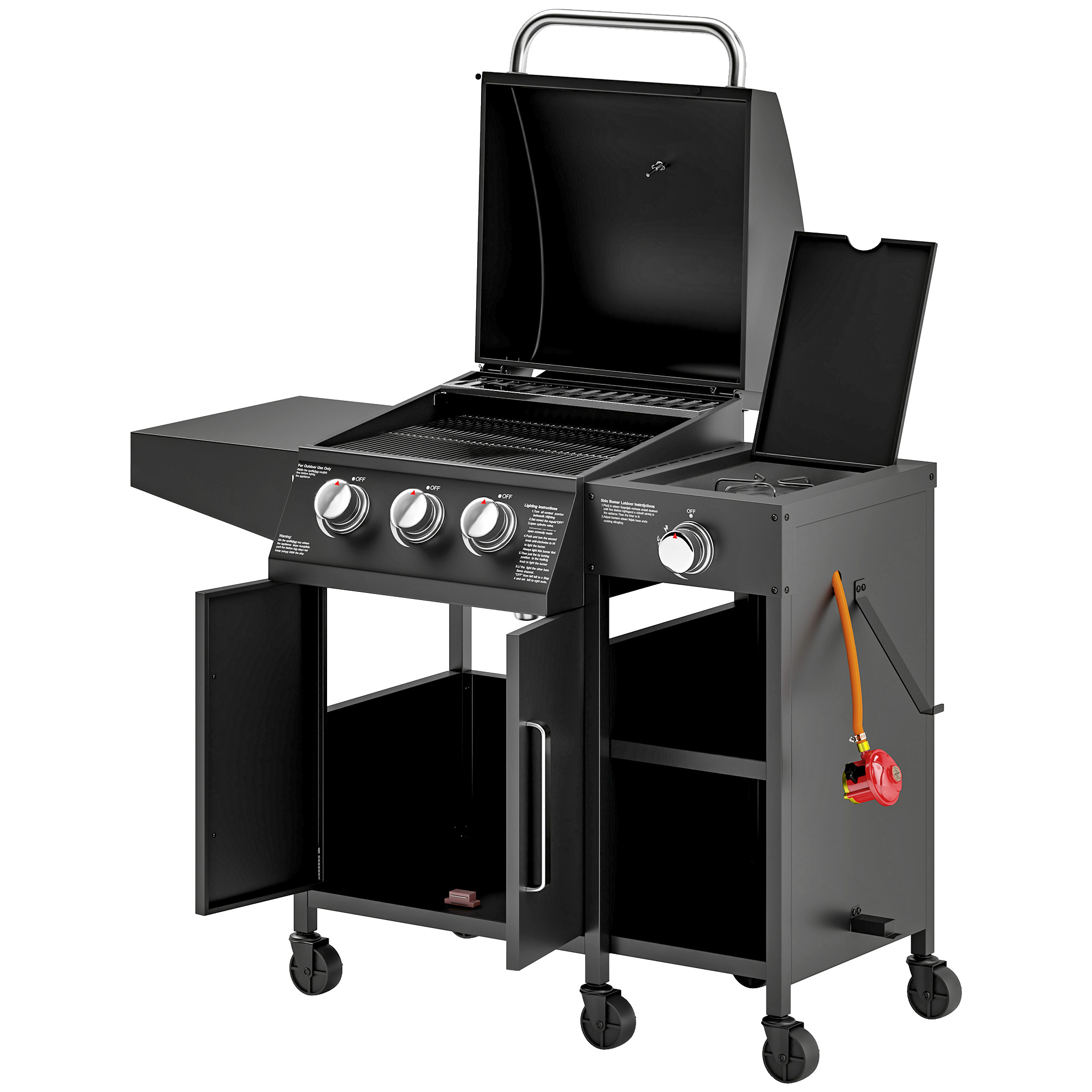 SUNVISTA 3+1 Burner Gas BBQ Grill, 9.5kW with Storage Cabinet, 6 Wheels, Thermometer & Warming Rack, Black - Life Essentials