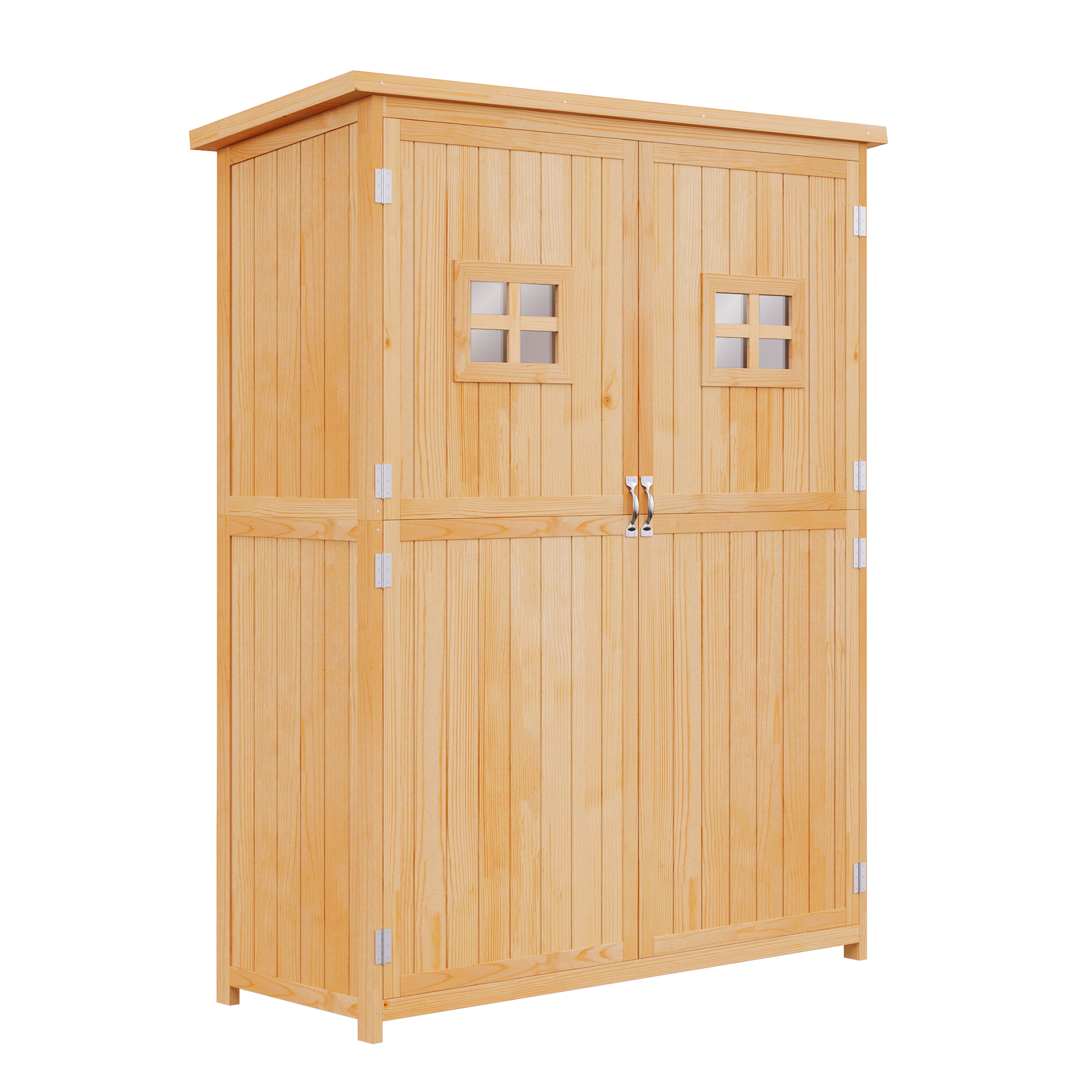 Wooden Garden Storage Shed Tool Cabinet Organiser with Shelves, Two Windows, 127.5 x 50 x 164 cm, Natural - Life Essentials