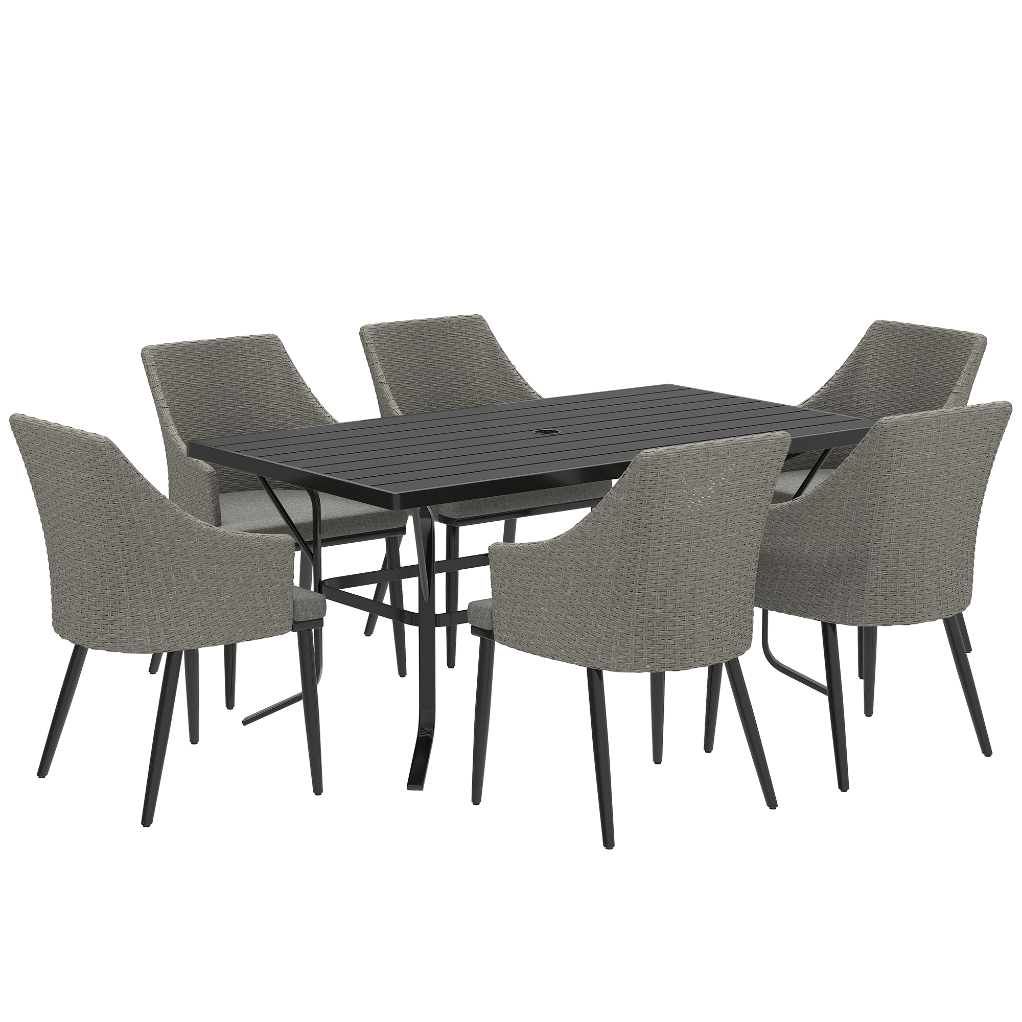 SUNVISTA 6-Seater Rattan Dining Set with Cushions, Slatted Table & Parasol Hole, Outdoor Patio Furniture, Grey - Life Essentials