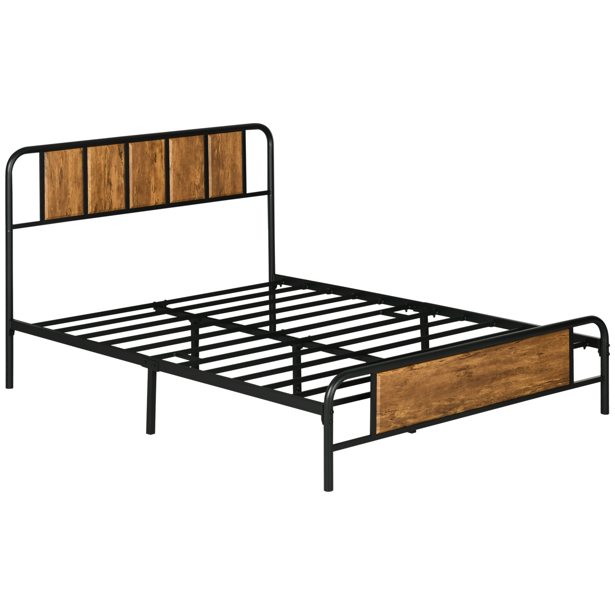 25.5cm Double Bed Frame, Industrial Bed Base with Headboard, Footboard, Steel Slat Support and Under Bed Storage, 145 x 199cm, Rustic Brown - Life 