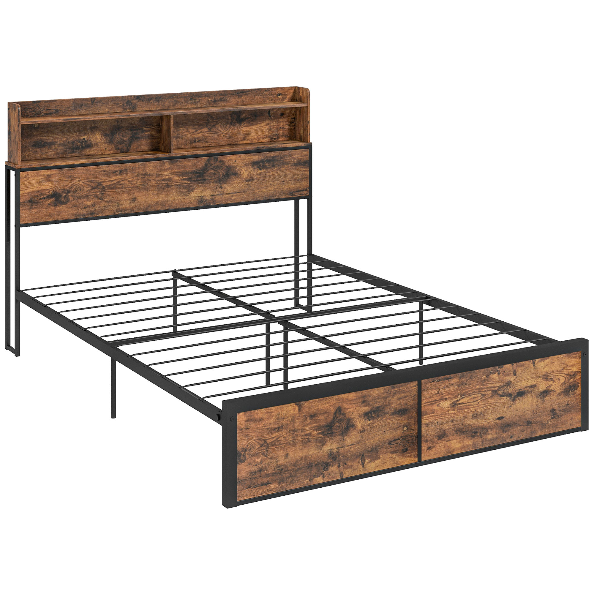 Industrial King Bed Frame, 5.2FT Steel Bed Base w/ Storage Headboard, Footboard, Under Bed Storage, 158 x 222cm, Rustic Brown - Life Essentials