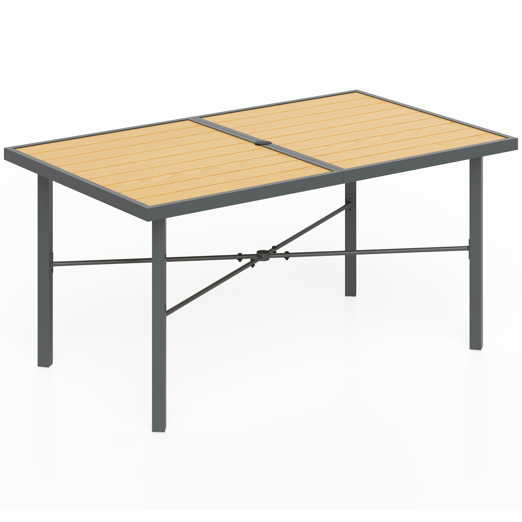 SUNVISTA 6-Seater Garden Dining Table, 150x90cm Outdoor Table with Umbrella Hole & Rust-Resistant Frame, Natural Wood Finish - Life Essentials