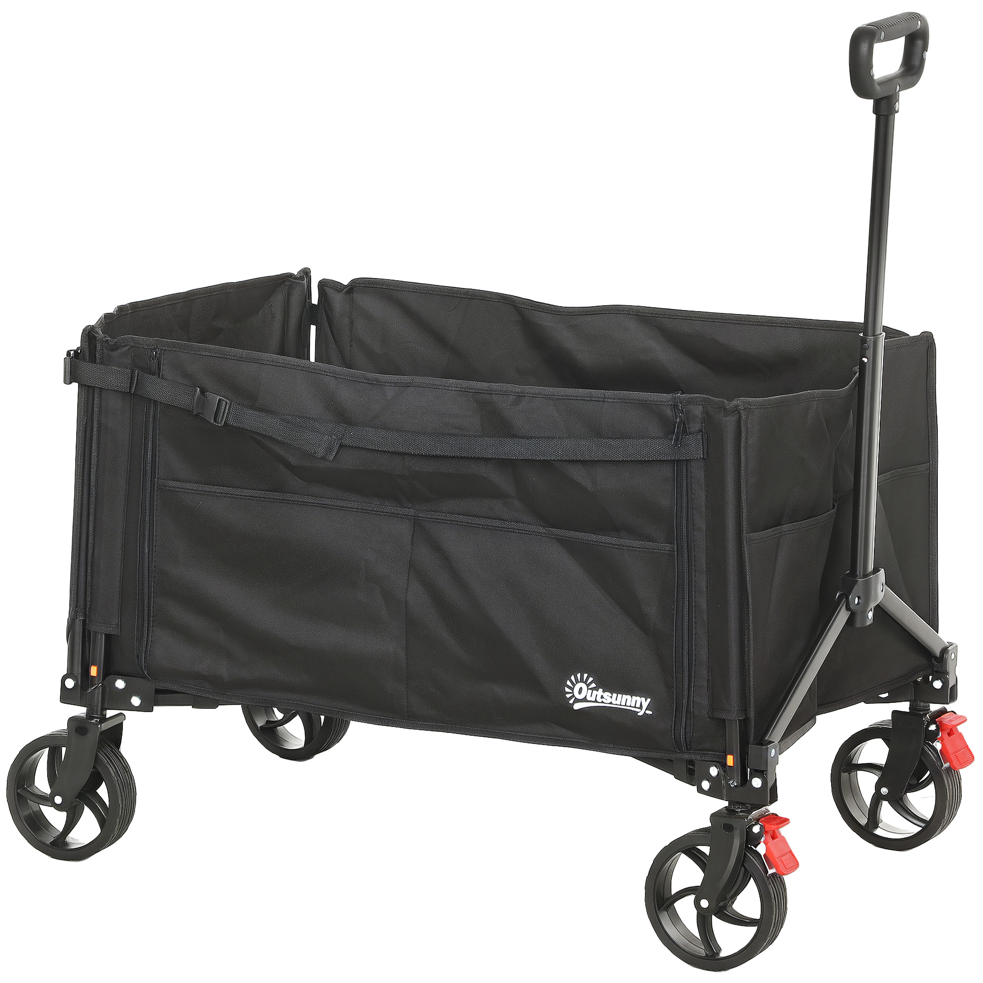 SUNVISTA 150L Folding Trolley Wagon with Brakes & Openable Sides, Adjustable Handle, Black - Life Essentials