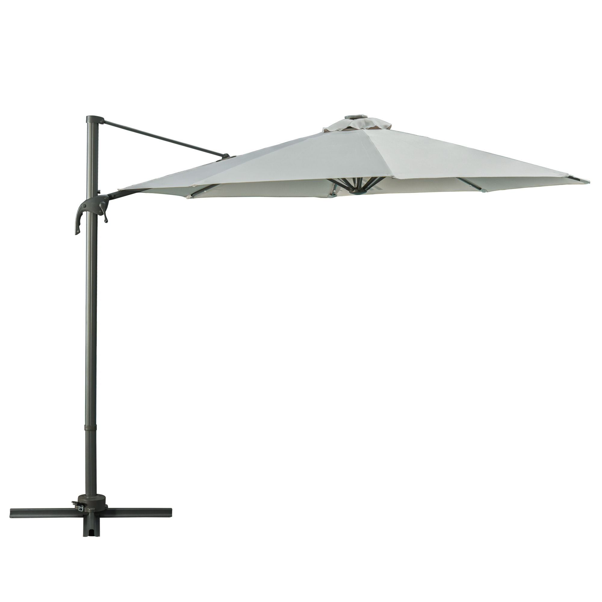 3M Cantilever Roma Parasol Patio Sun Umbrella with LED Solar Light Cross Base 360° Rotating Outdoor, Grey - Life Essentials