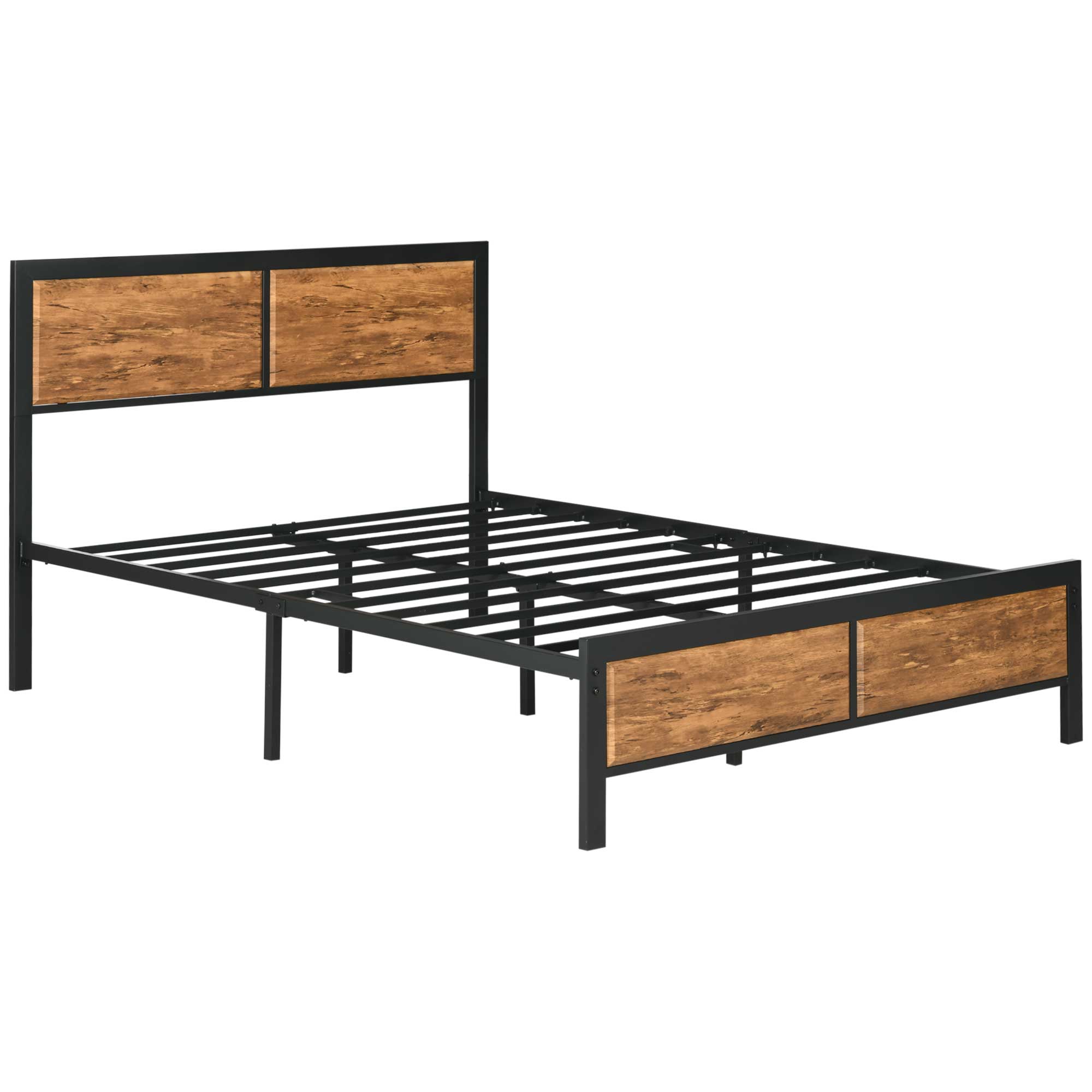 Industrial Double Bed Frame, 5FT Steel Bed Base with Headboard, Footboard, Slatted Support and Under Bed Storage, 147 x 197cm, Rustic Brown - Life 