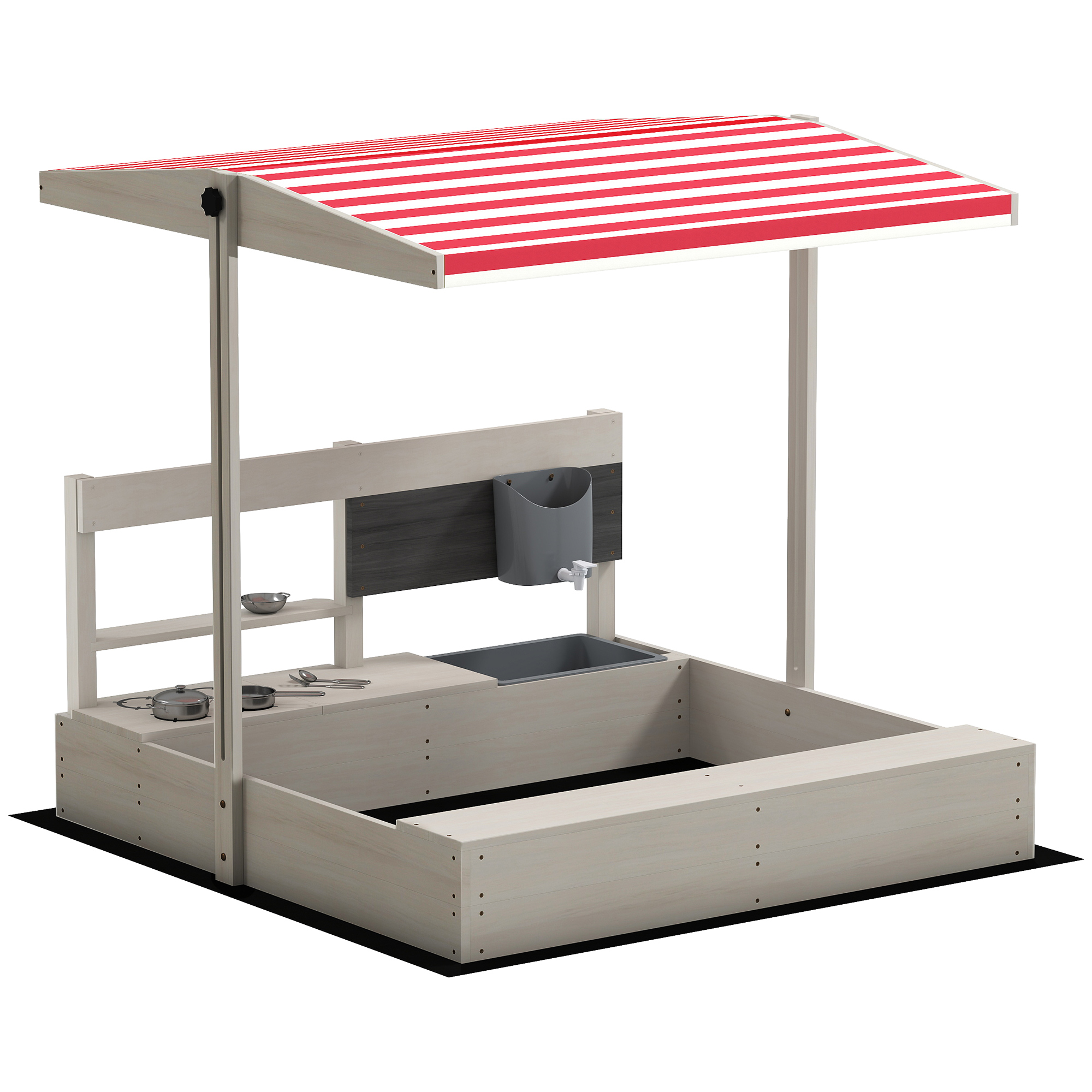 Kids Wooden Sandbox w/ Canopy, Kitchen Toys, Seat, Storage, for 3-7 Years Old Outdoor Play - Life Essentials