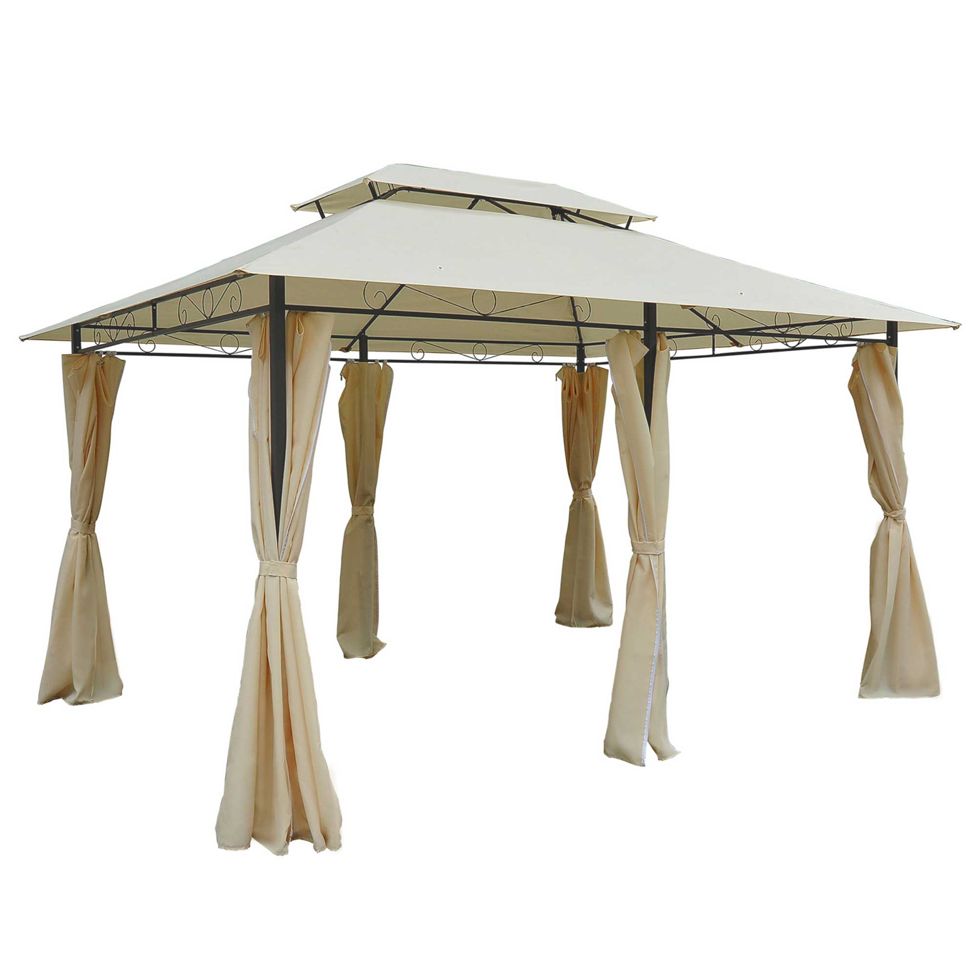 4m x 3M Metal Gazebo Canopy Party Tent Garden Pavillion Patio Shelter Pavilion with Curtains Sidewalls Beige - Life Essentials