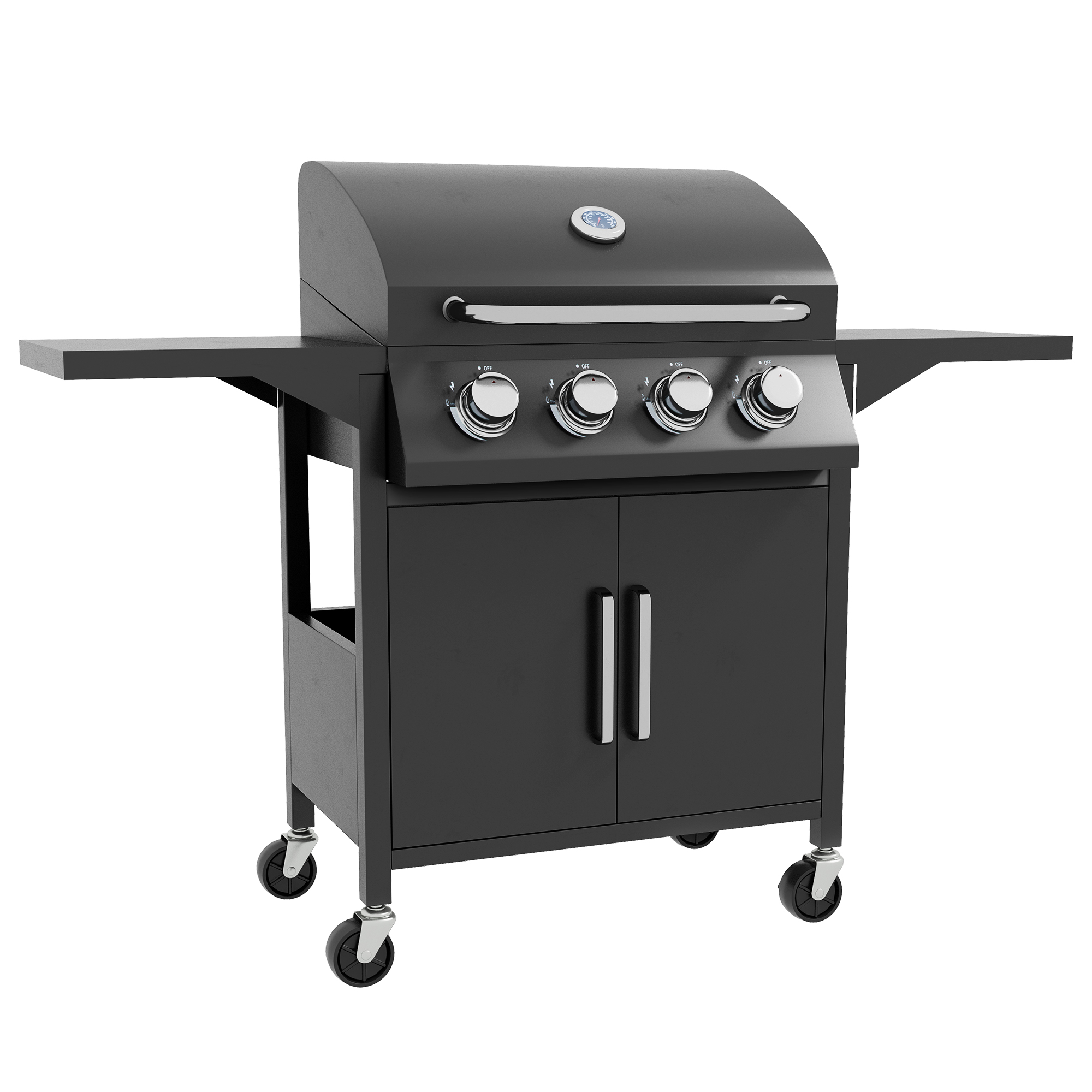 4 Burner Gas BBQ Grill Outdoor Portable Barbecue Trolley w/ Warming Rack, Side Shelves, Storage Cabinet, Thermometer - Life Essentials