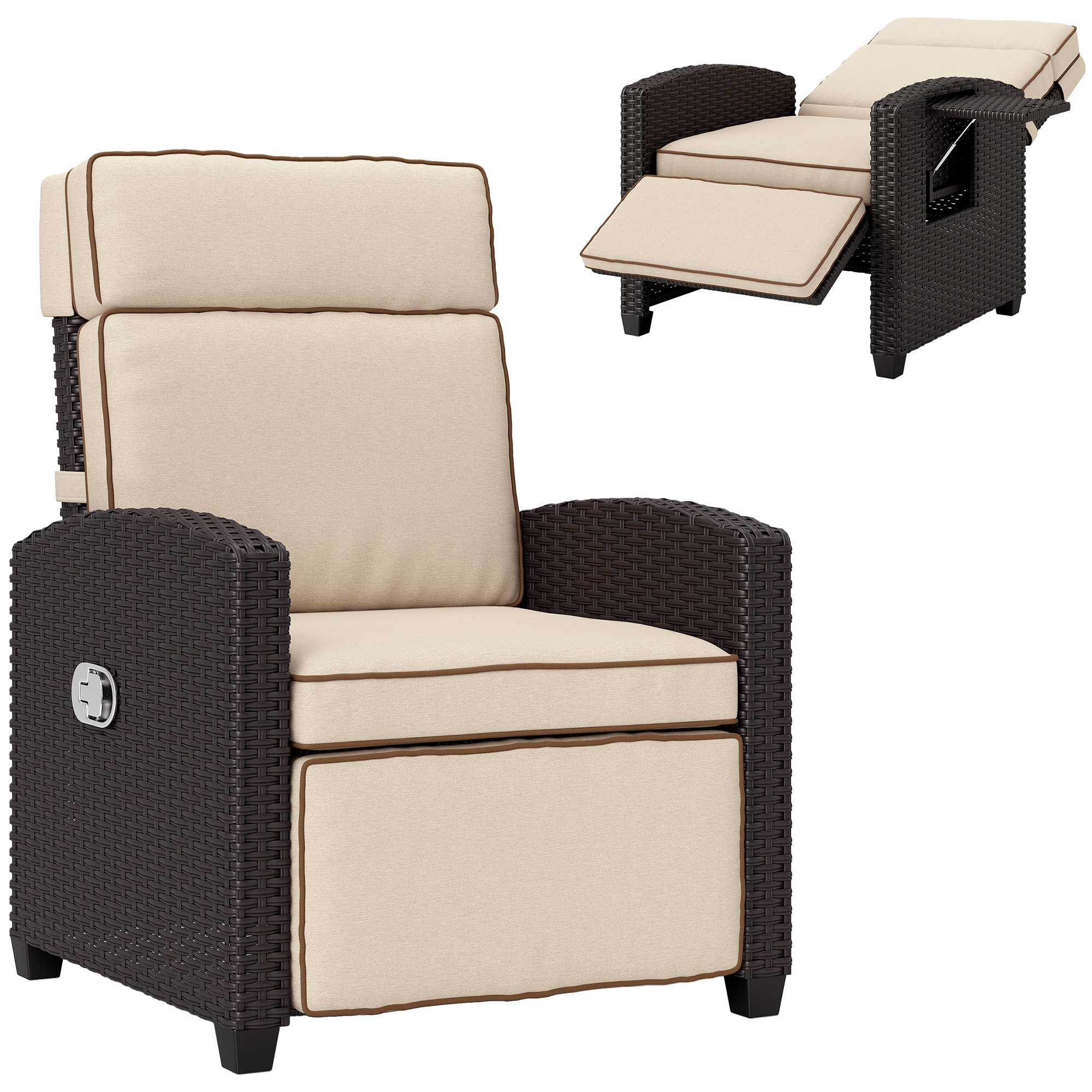 SUNVISTA 145degree Reclining Rattan Armchair, with Footrest - Brown/Khaki - Life Essentials