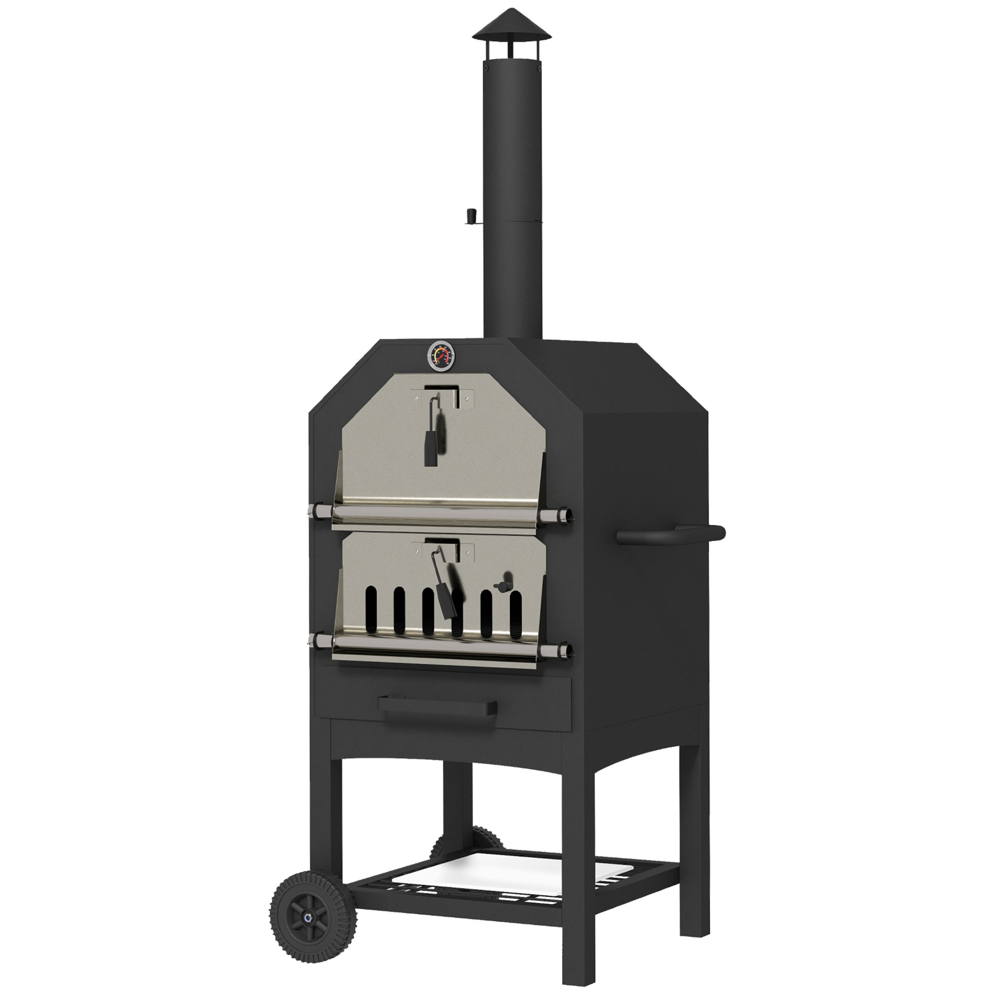 Steel 3-Tier Outdoor Pizza Oven Charcoal BBQ Grill, Black - Life Essentials