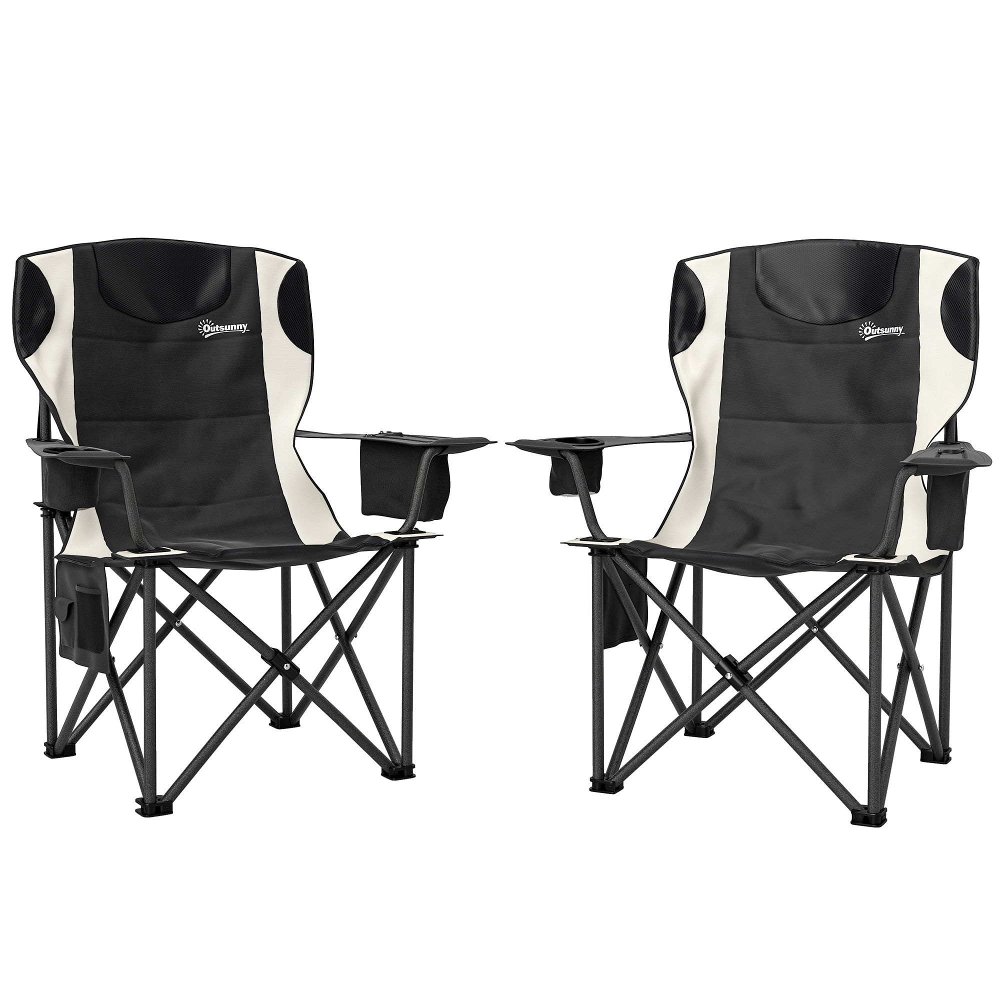 SUNVISTA Set of 2 Padded Folding Camping Chairs with Armrests, Cup Holder, Cooler Bag & Side Pocket, Black - Life Essentials