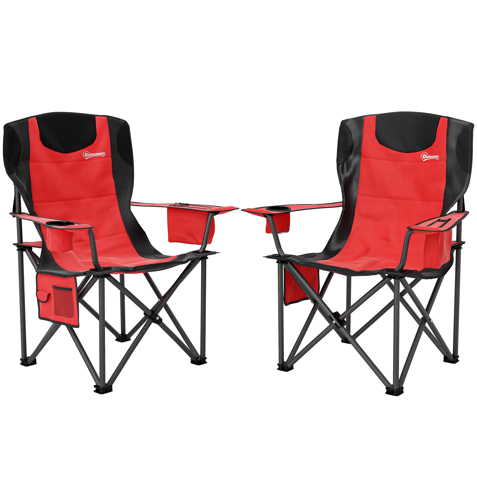 SUNVISTA Set of 2 Padded Folding Camping Chairs with Armrests, Cup Holder, Cooler Bag & Side Pocket, Red - Life Essentials