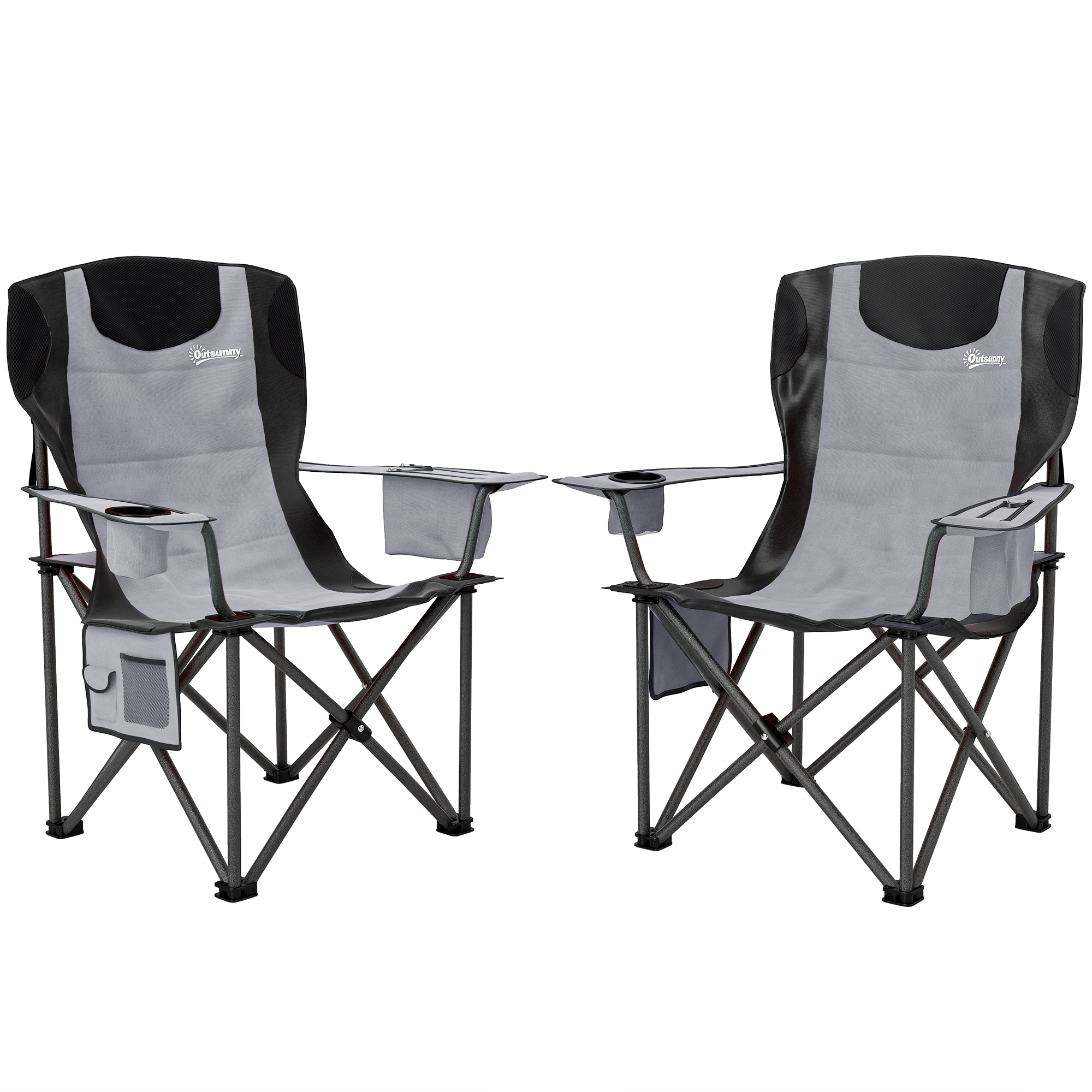SUNVISTA Set of 2 Padded Folding Camping Chairs with Armrests, Cup Holder, Cooler Bag & Side Pocket, Grey - Life Essentials