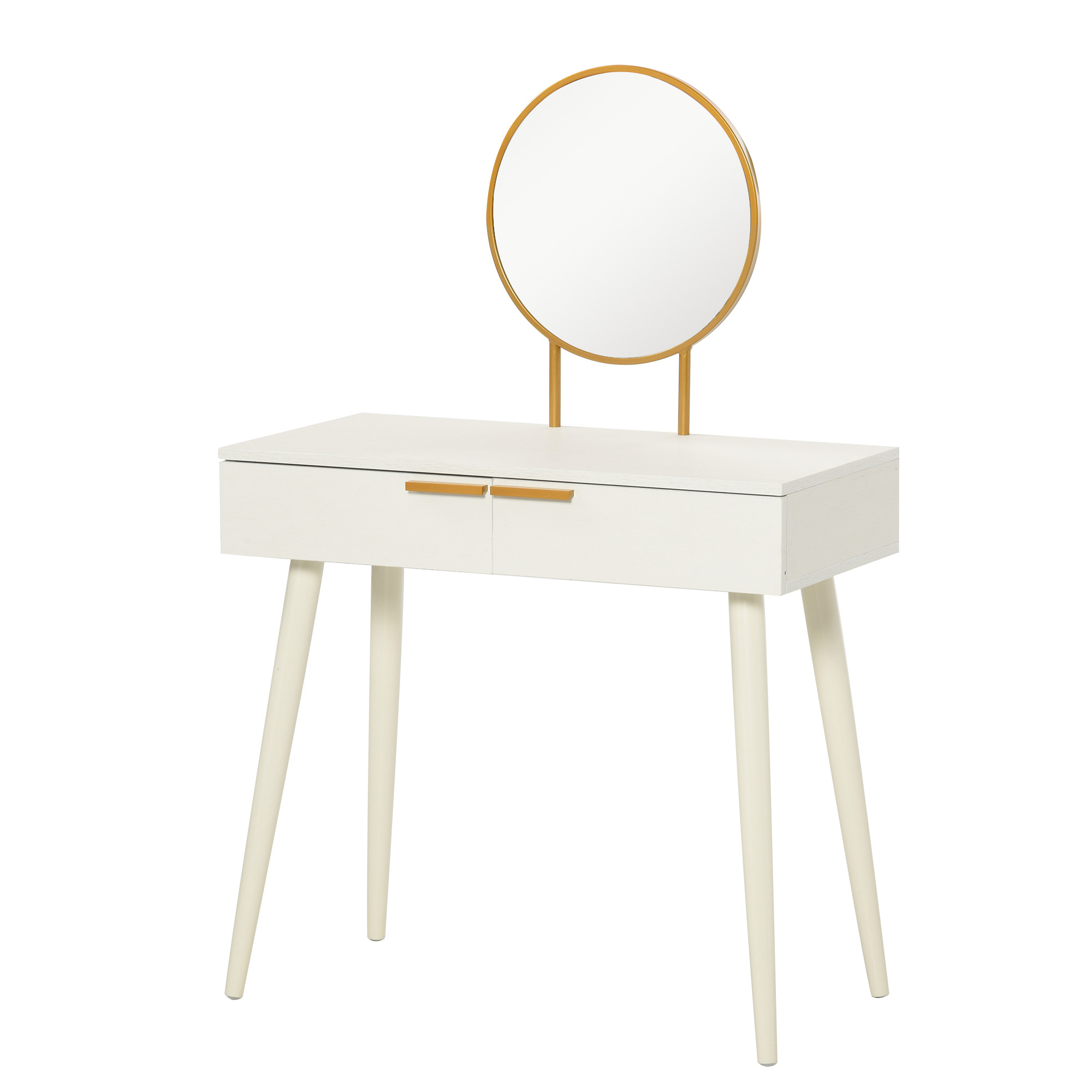 Modern Dressing Table with Round Mirror, Makeup Vanity Table with 2 Drawers for Bedroom, Living Room, White - Life Essentials