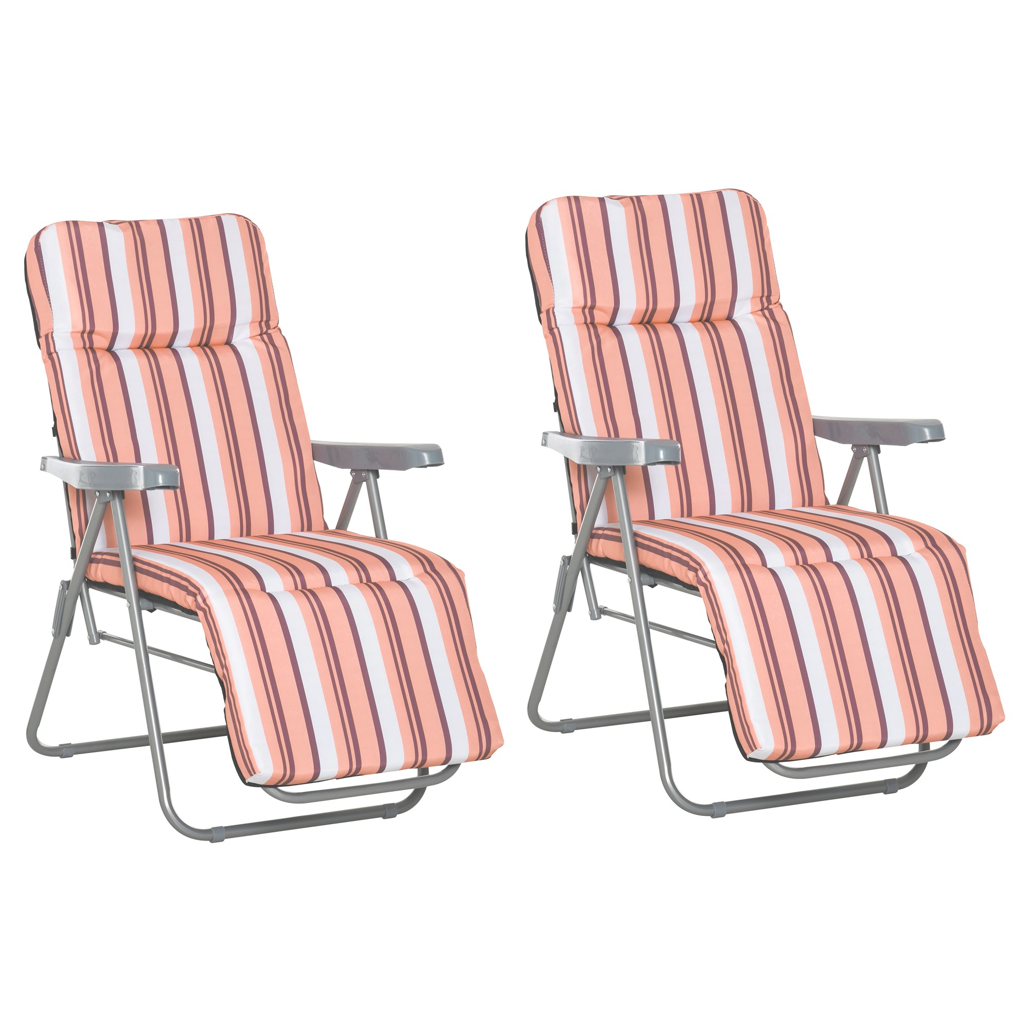 Set of 2 Garden Sun Lounger Outdoor Reclining Seat Cushioned Seat Foldable Adjustable Recliner Orange and White - Life Essentials